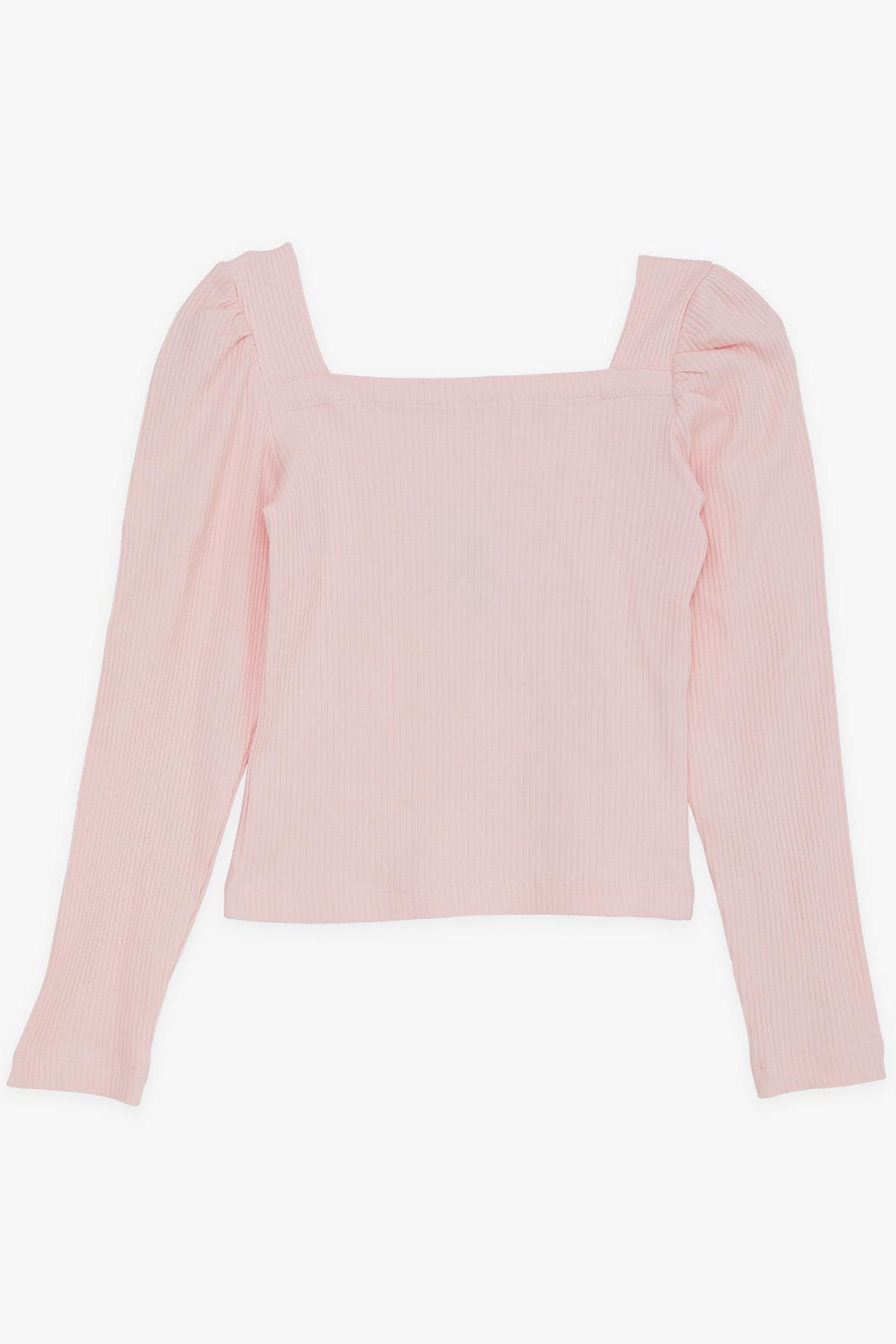 Breeze Kız Çocuk Kare Yaka Uzun Kollu Bluz Fitilli Crop Pudra (8-14 Yaş)