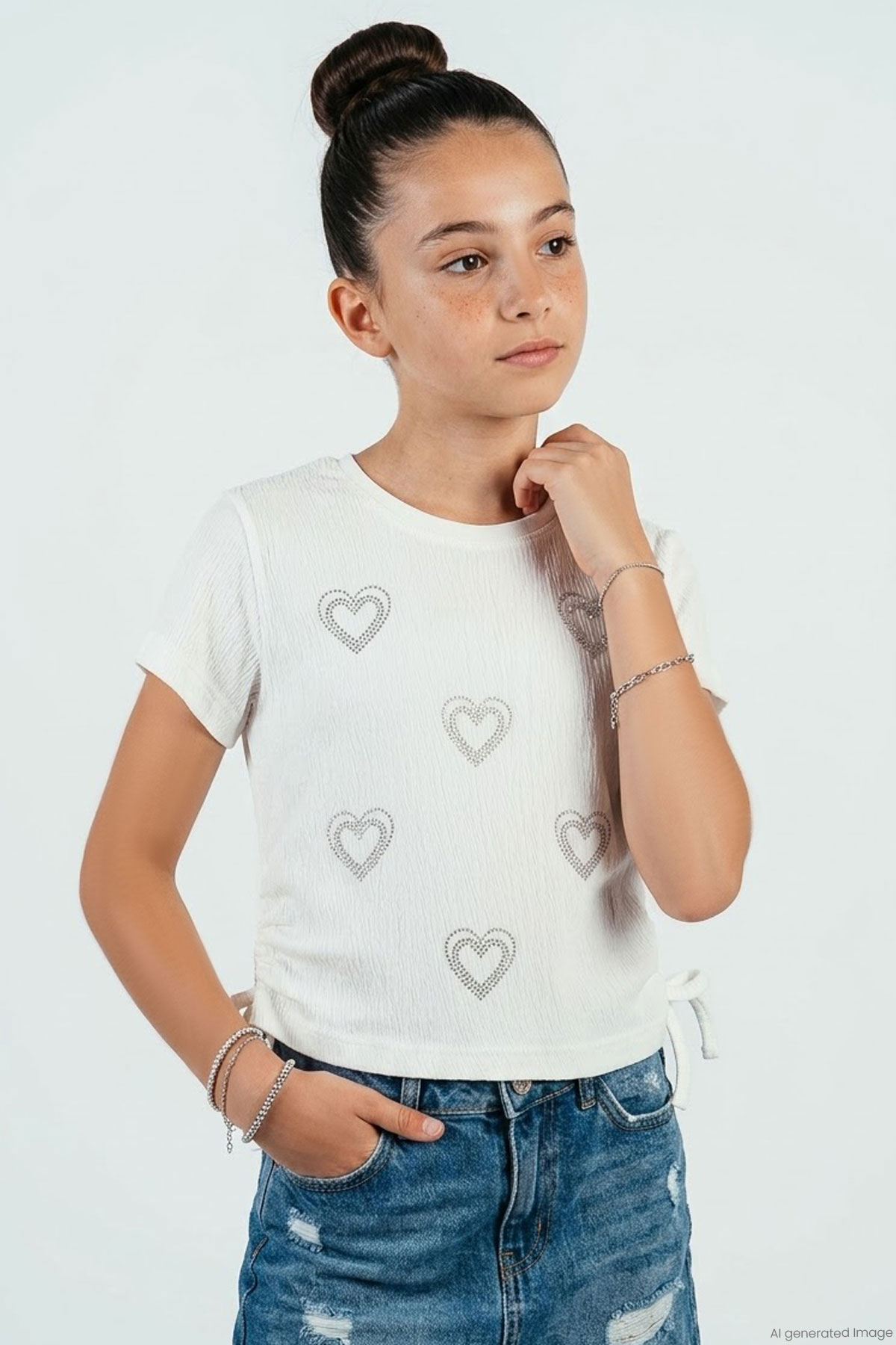 Breeze Kız Çocuk Kısa Kollu Tişört Yanları Lastik Detaylı Fiyonk Aksesuarlı Taşlı Kalp Baskılı Ekru (6-12 Yaş)