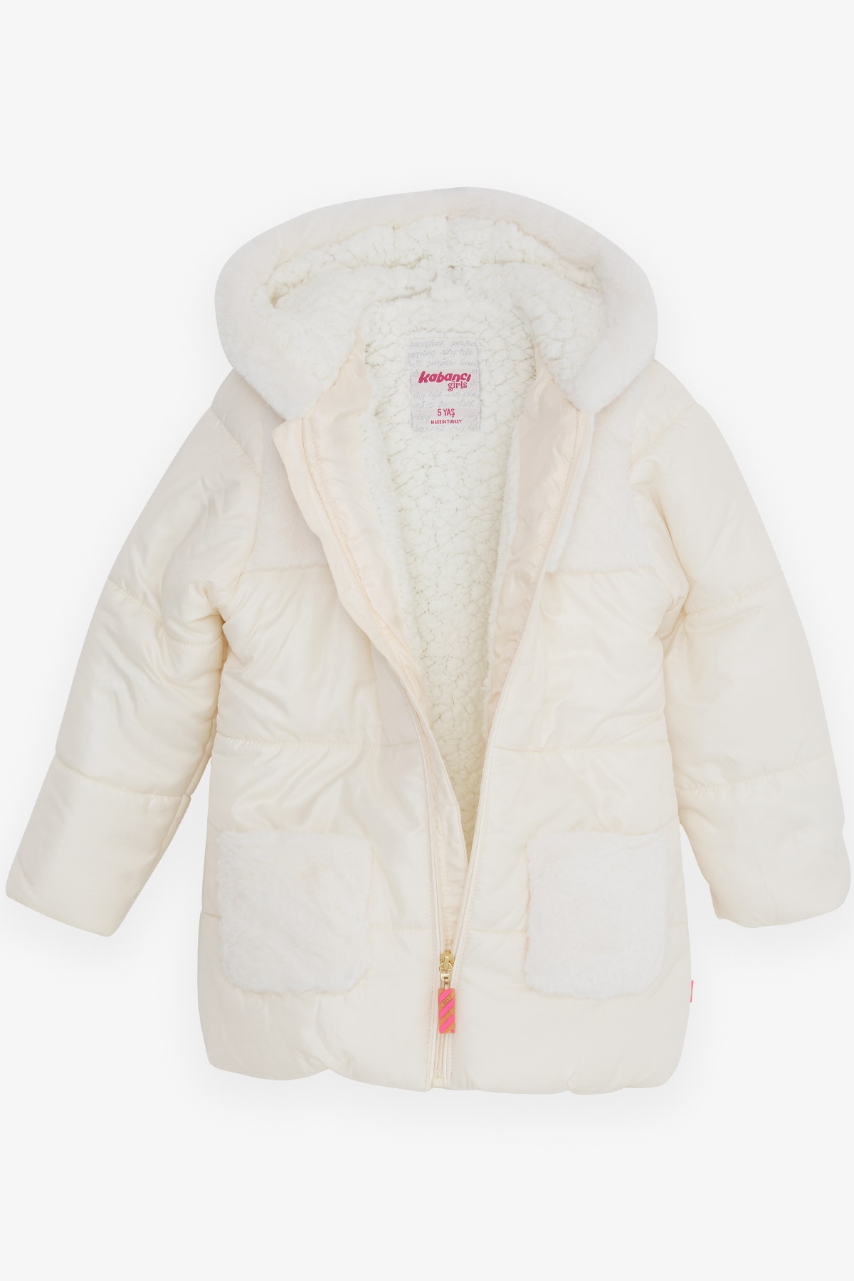 Breeze Kız Çocuk Mont Cebi Kapüşonu Kürklü Ekru (2-5 Yaş)