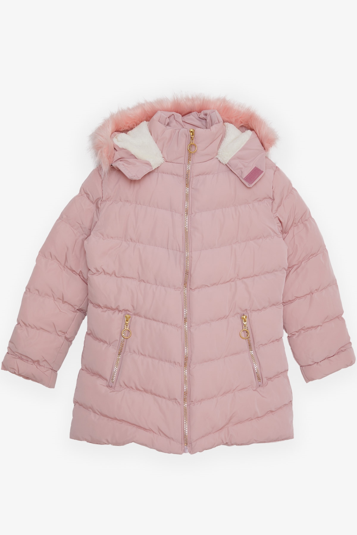 Breeze Kız Çocuk Mont Kürklü Fermuarlı Pudra (7-10 Yaş)