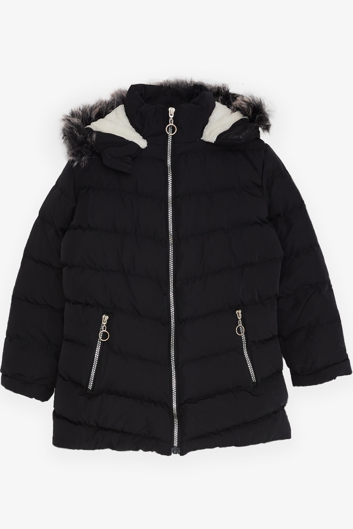 Breeze Kız Çocuk Mont Kürklü Fermuarlı Siyah (7-10 Yaş)