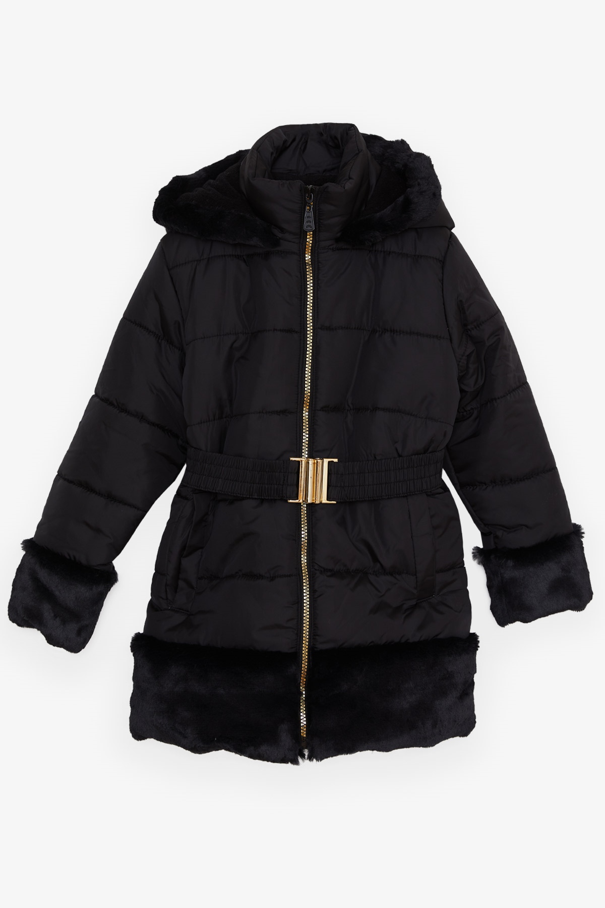 Kız Çocuk Mont Kürklü Kemer Detaylı Siyah 3 Yaş - Sıcacık Dış Giyim | Breeze
