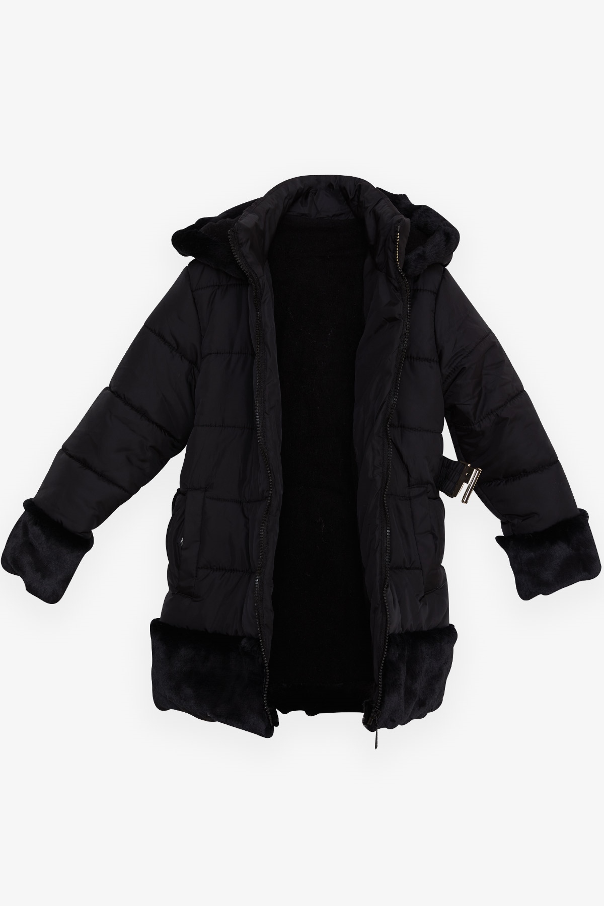 Kız Çocuk Mont Kürklü Kemer Detaylı Siyah 3 Yaş - Sıcacık Dış Giyim | Breeze