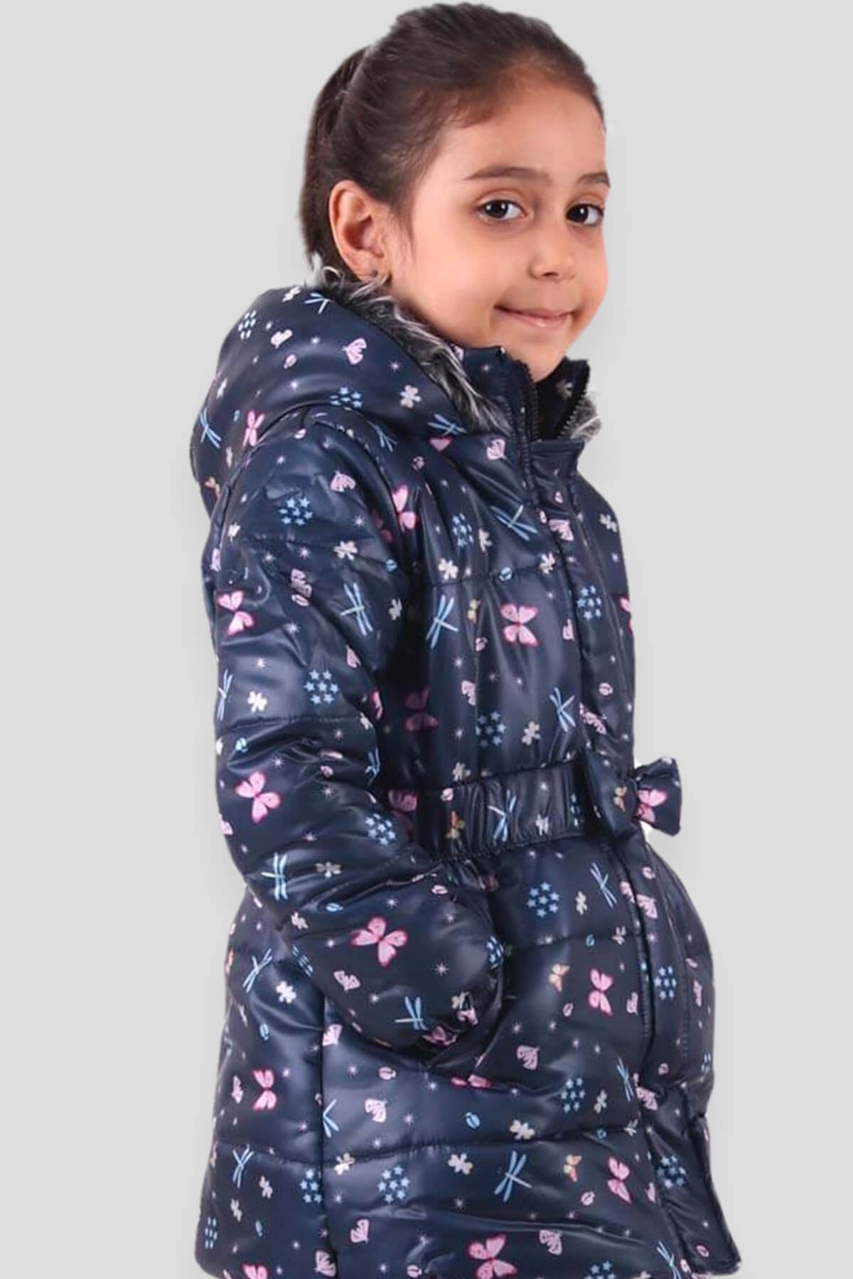 Breeze Kız Çocuk Mont Peluşlu Desenli Lacivert-Pembe (4 Yaş)