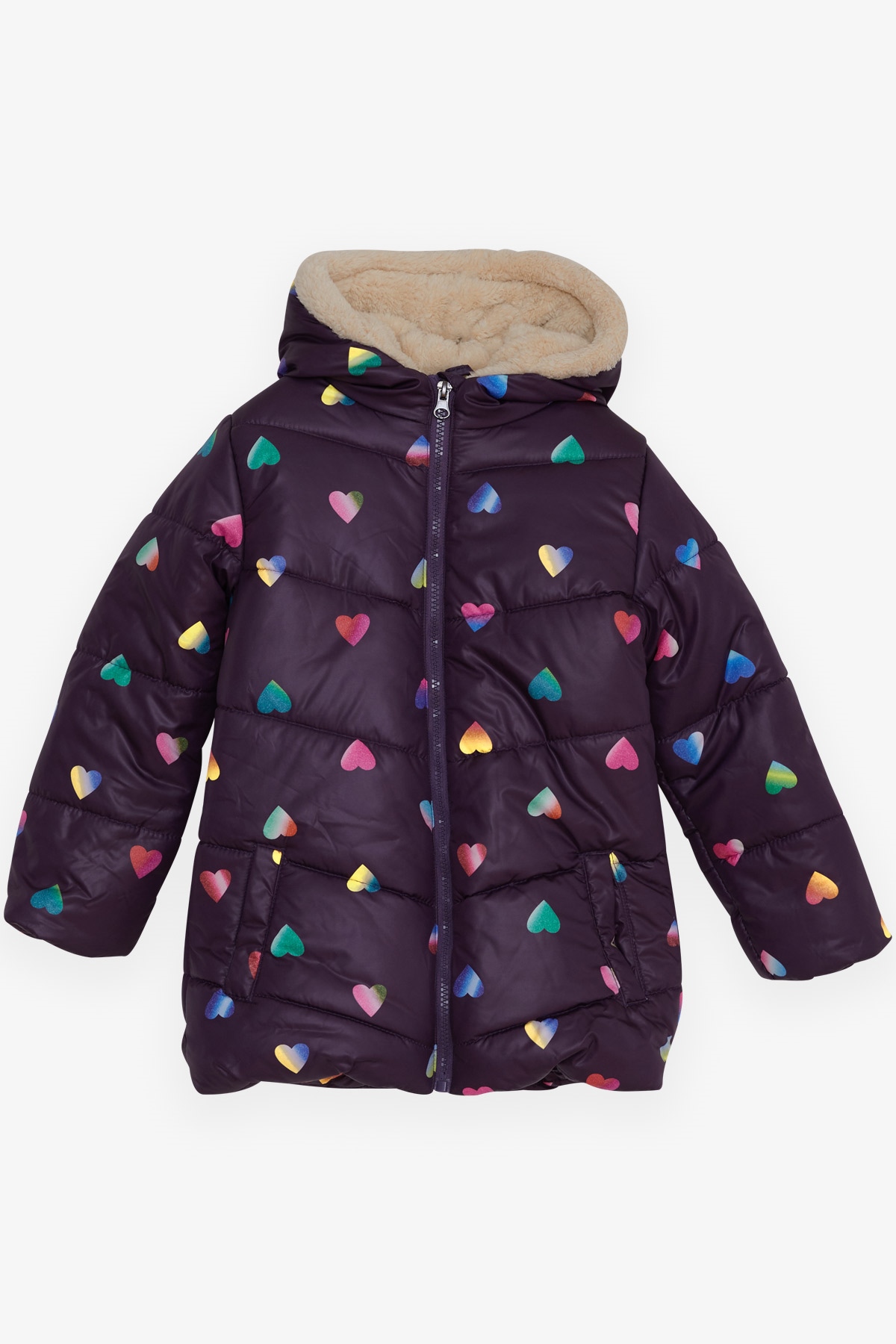 Breeze Kız Çocuk Mont Renkli Kalp Desenli Mor (2-5 Yaş)