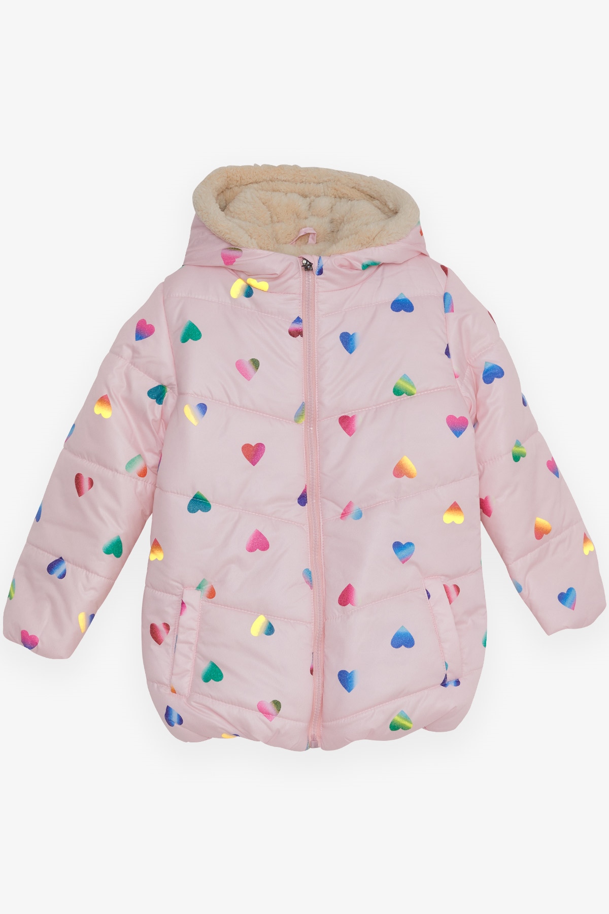 Breeze Kız Çocuk Mont Renkli Kalp Desenli Pembe (2-5 Yaş)