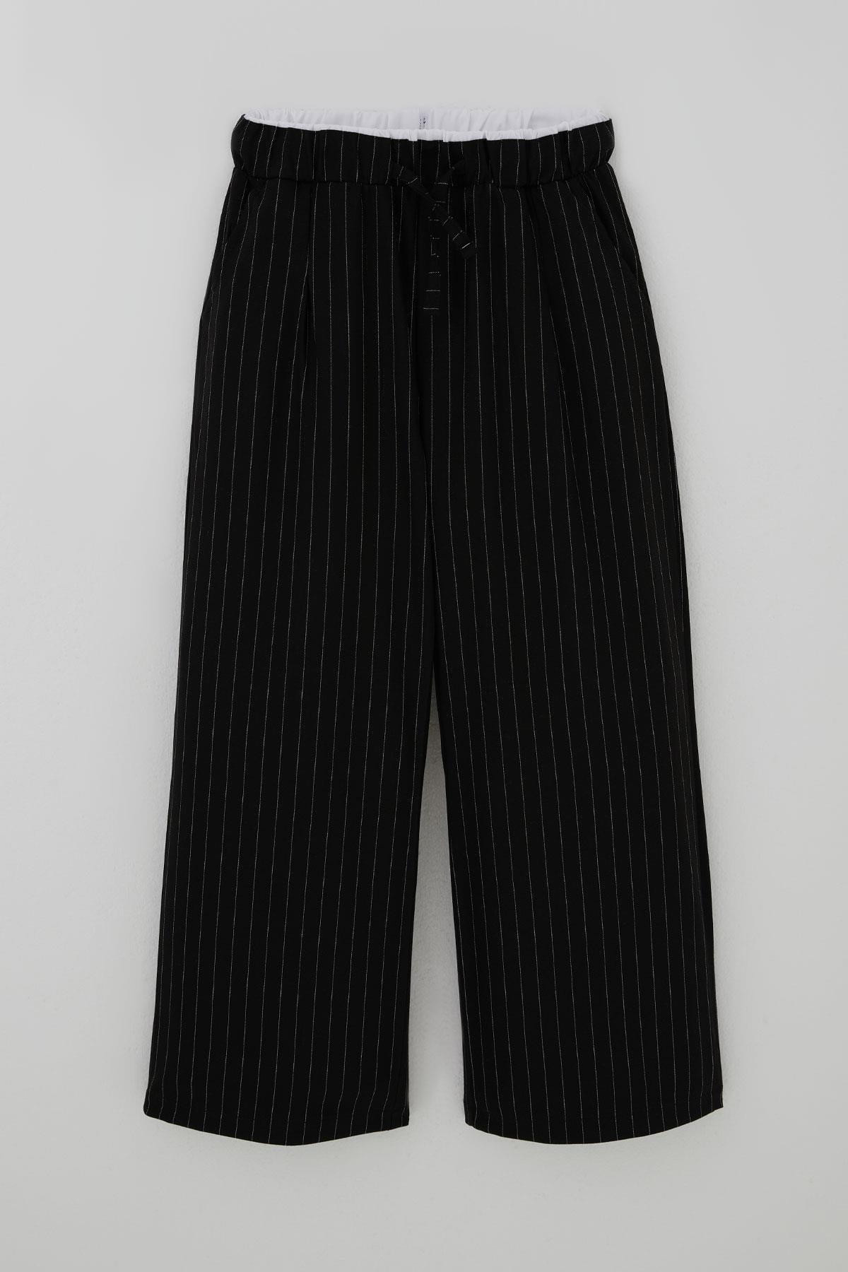 Breeze Kız Çocuk Pantolon Pinstripe Çizgili Çift Bel Detaylı Siyah (8-14 Yaş)