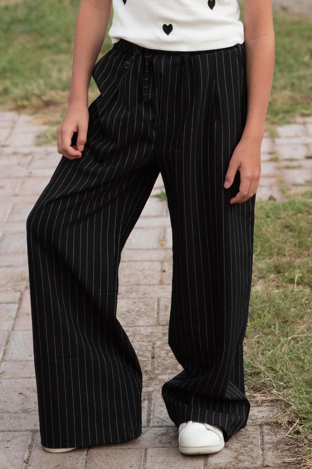 Breeze Kız Çocuk Pantolon Pinstripe Çizgili Çift Bel Detaylı Siyah (8-14 Yaş)