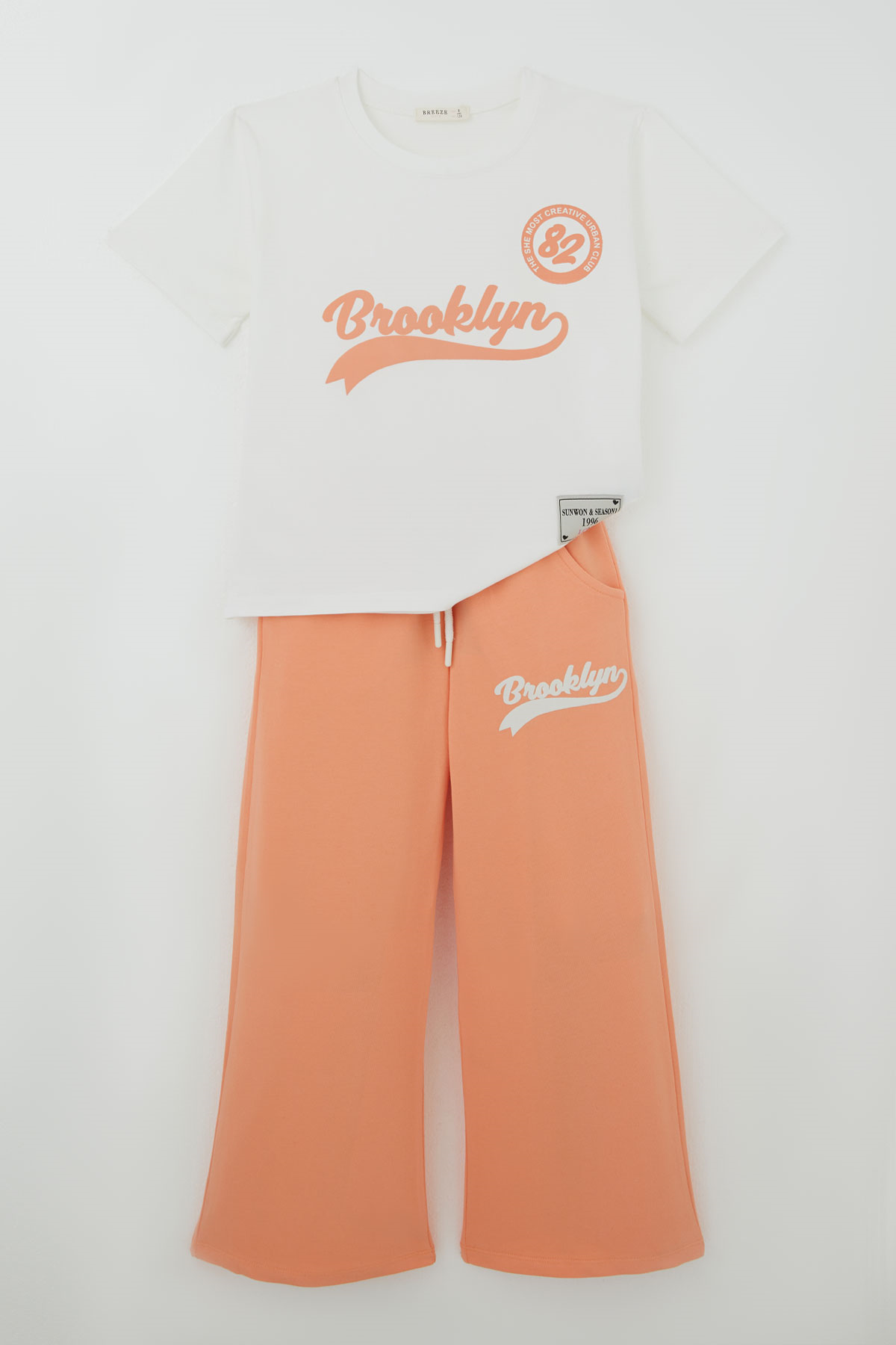Breeze Kız Çocuk Pantolonlu Takım Brooklyn Yazı Baskılı Bağcıklı Ekru (8-14 Yaş)