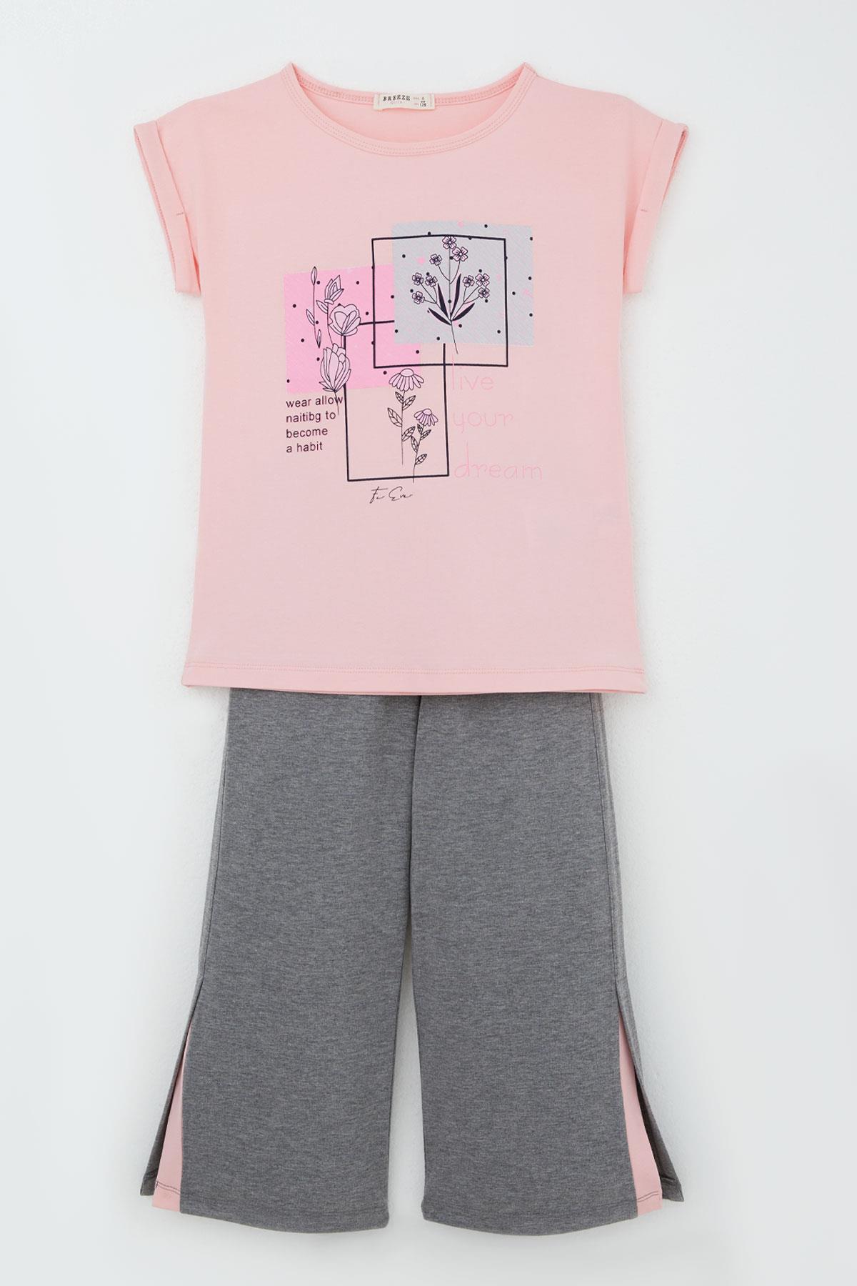 Breeze Kız Çocuk Pantolonlu Takım Çiçek Baskılı Yırtmaçlı Pembe (6-12 Yaş)
