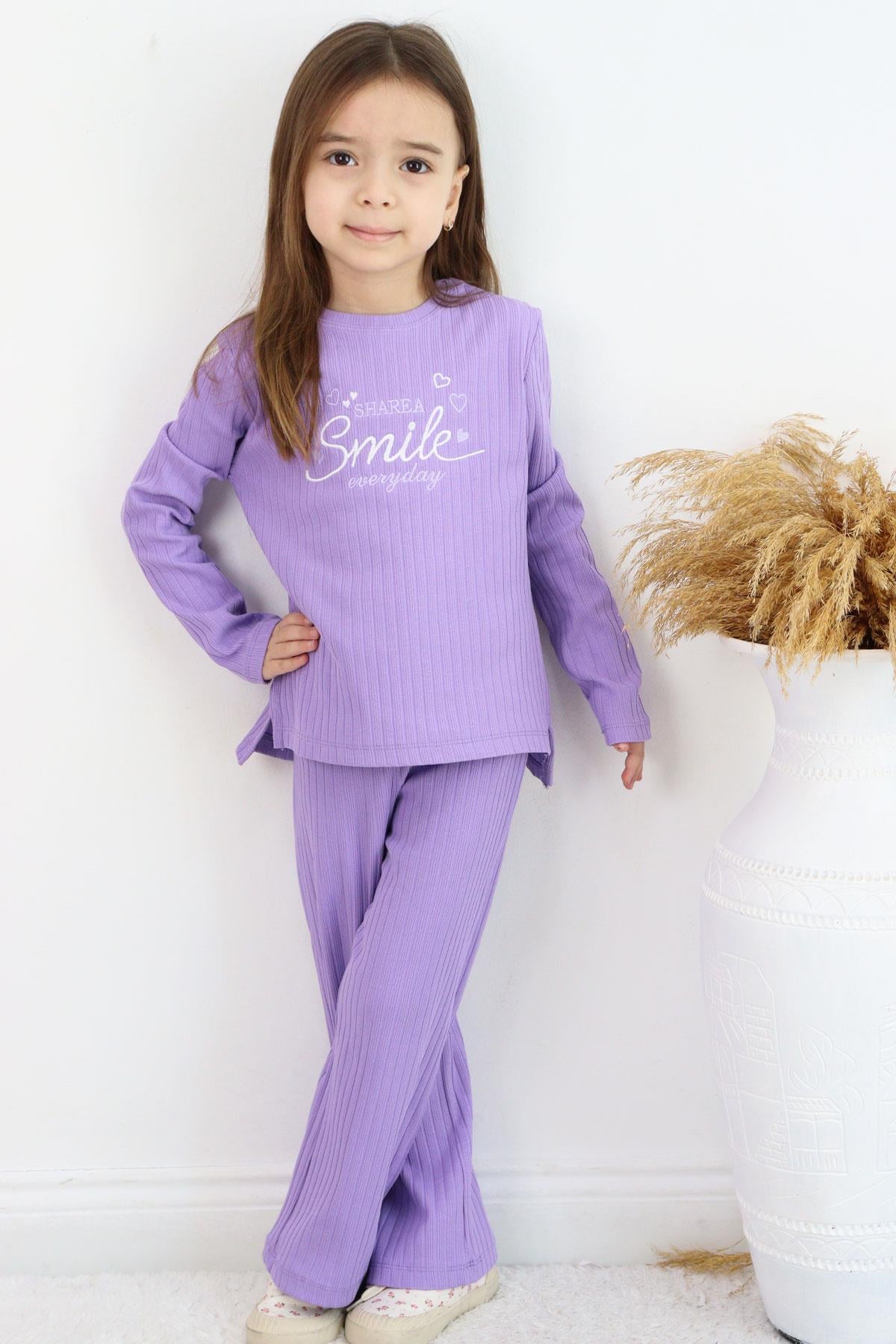 Breeze Kız Çocuk Pantolonlu Takım Yazı & Kalp Nakışlı Pantolonu Fiyonk Aksesuarlı Lila (4-8 Yaş)