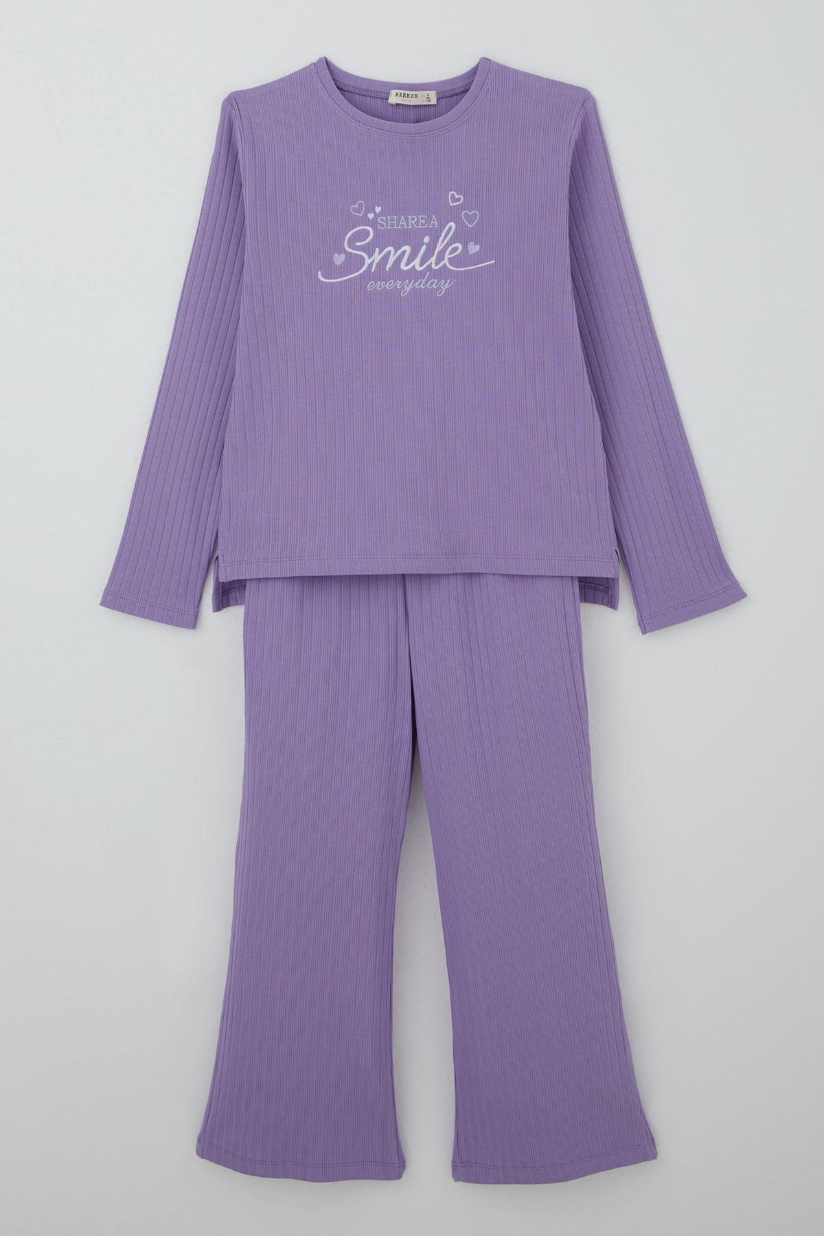 Breeze Kız Çocuk Pantolonlu Takım Yazı & Kalp Nakışlı Pantolonu Fiyonk Aksesuarlı Lila (4-8 Yaş)
