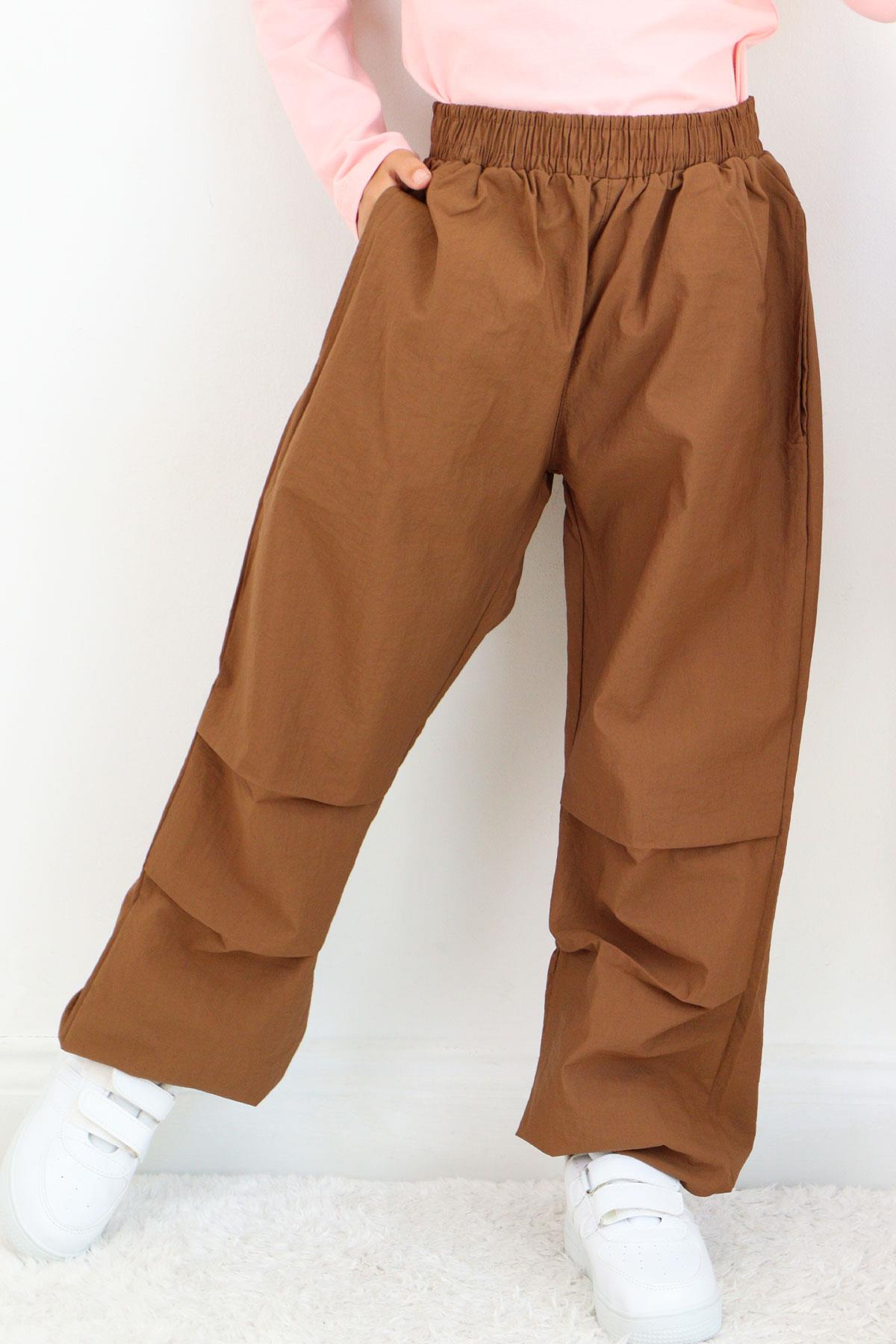 Breeze Kız Çocuk Paraşüt Jogger Paça Pantolon Koyu Kahve (6-10 Yaş)