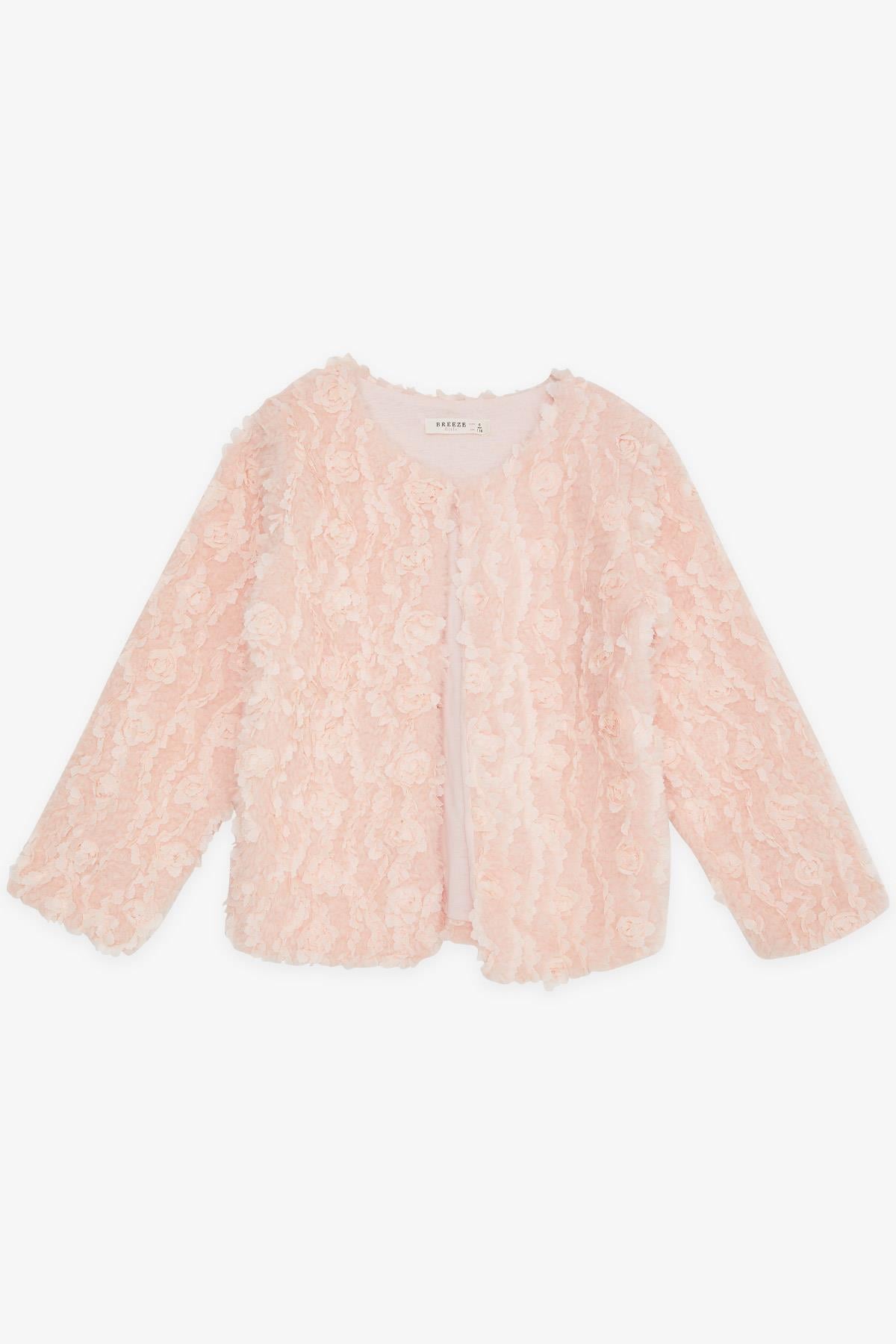 Breeze Kız Çocuk Peluş Ceket Çiçek Nakışlı Somon (5-10 Yaş)