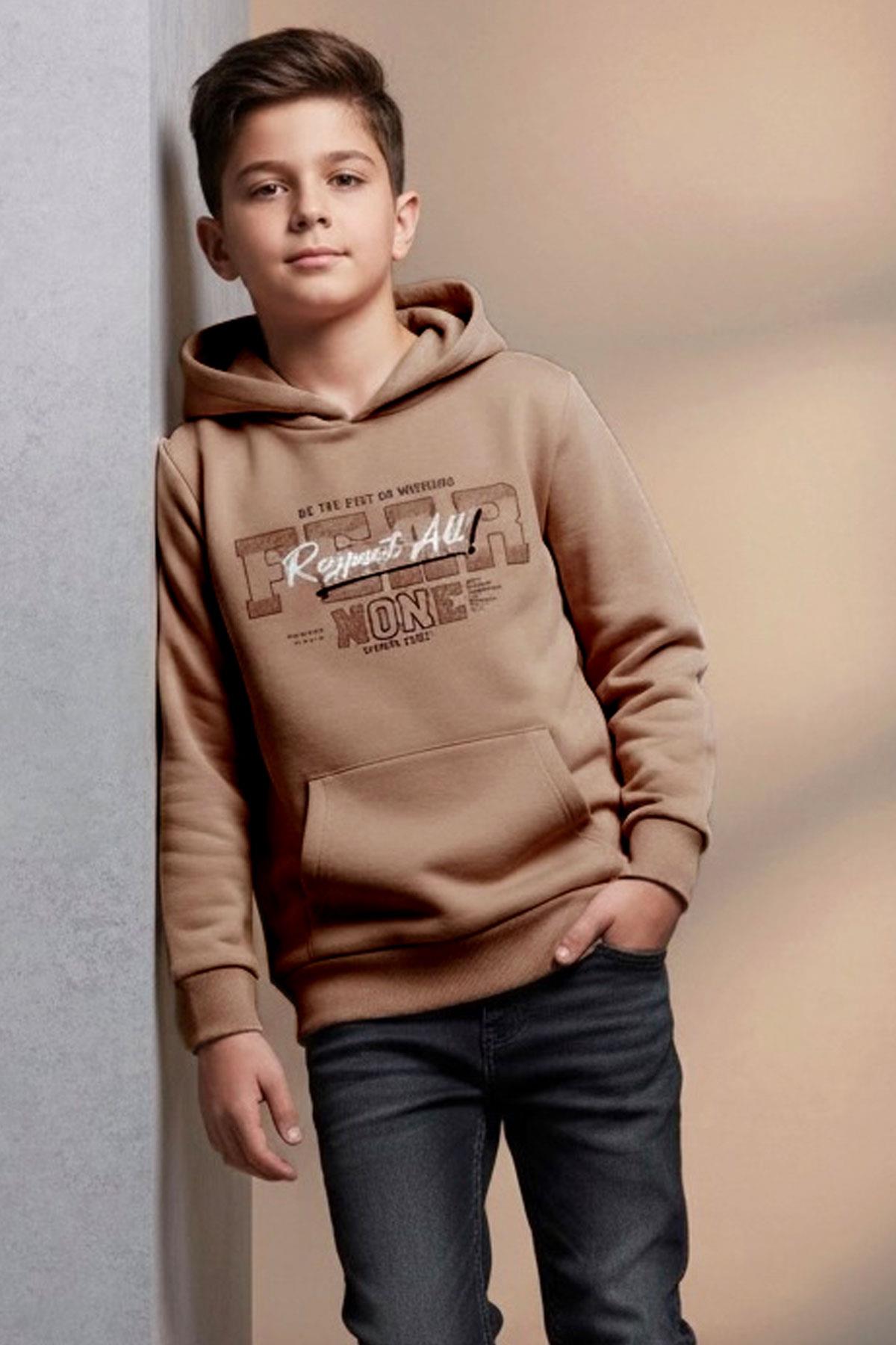 Breeze Kız Çocuk Peluş Sweatshirt Kapüşonlu Kanguru Cepli Bej (9-14 Yaş)