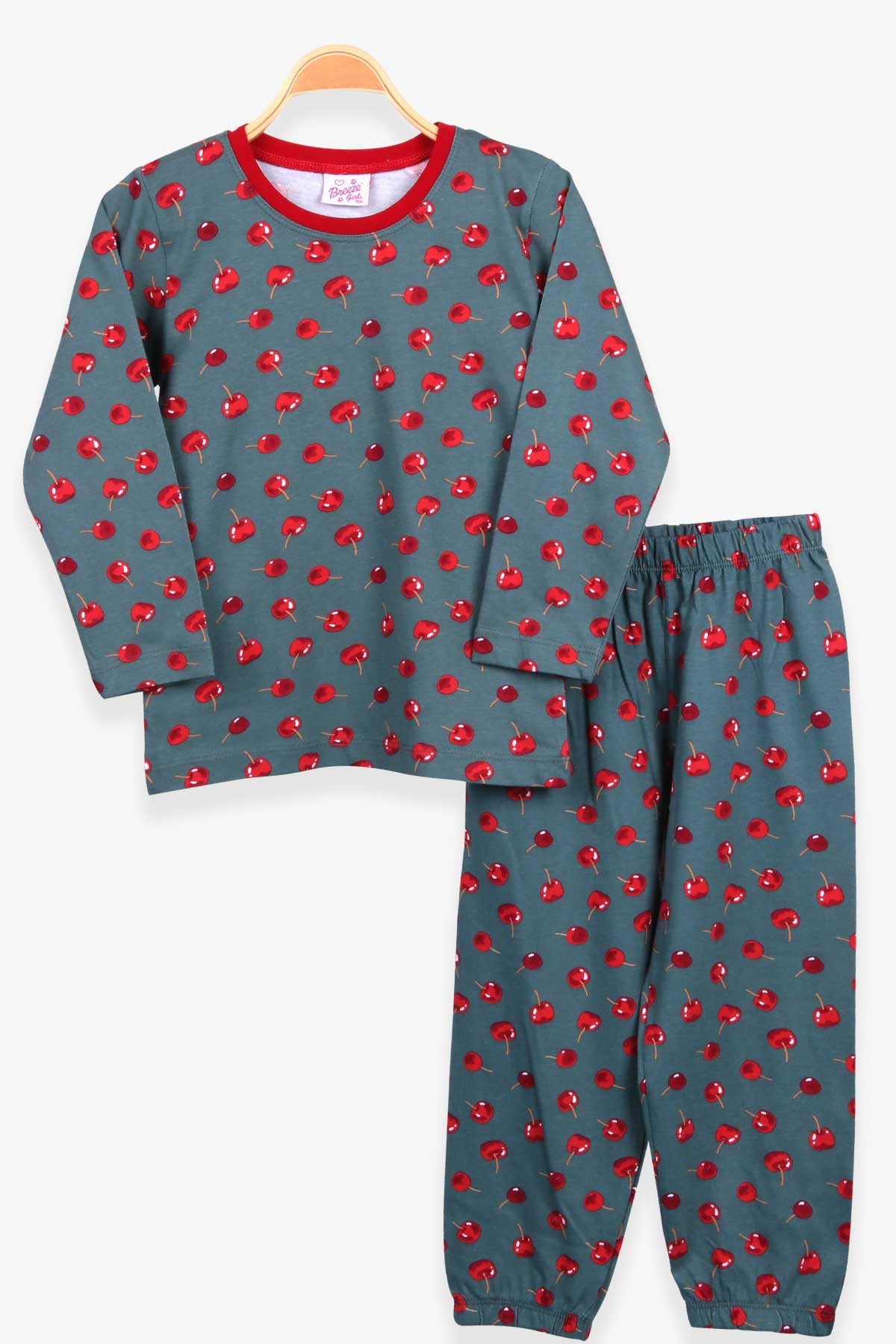 Breeze Kız Çocuk Pijama Takım Kiraz Desenli Koyu Yeşil (4-8 Yaş)