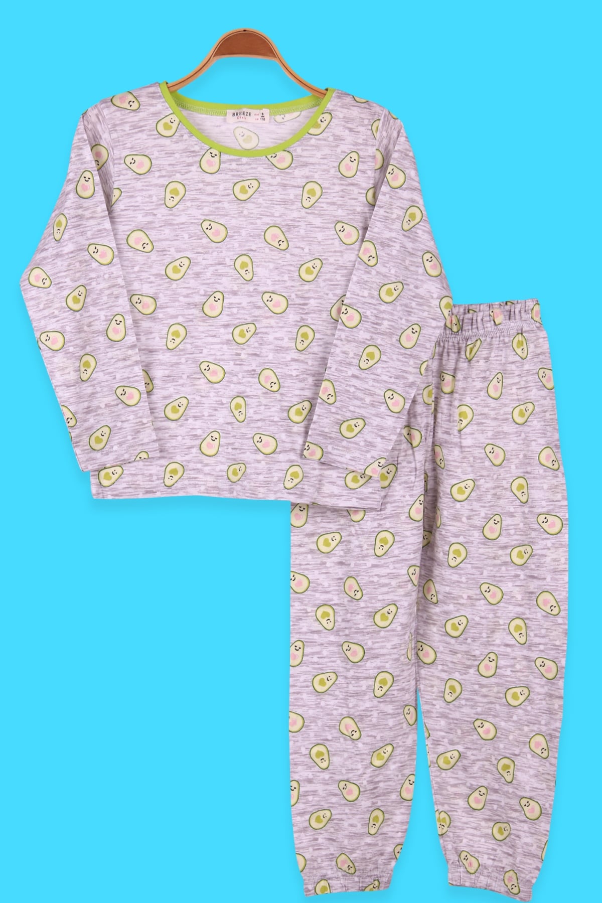 Breeze Kız Çocuk Pijama Takımı Avokado Desenli Açık Gri (6-10 Yaş)