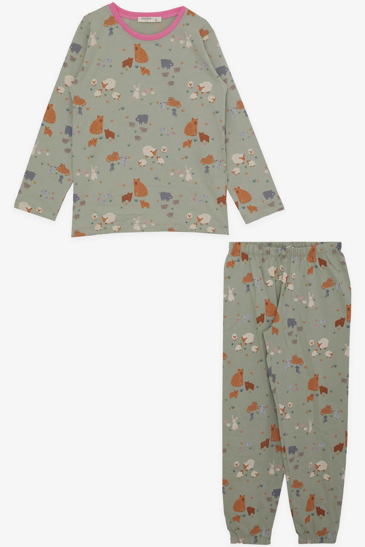 Breeze Kız Çocuk Pijama Takımı Bahar Temalı Hayvancıklar Desenli Mint Yeşili (4-7 Yaş)