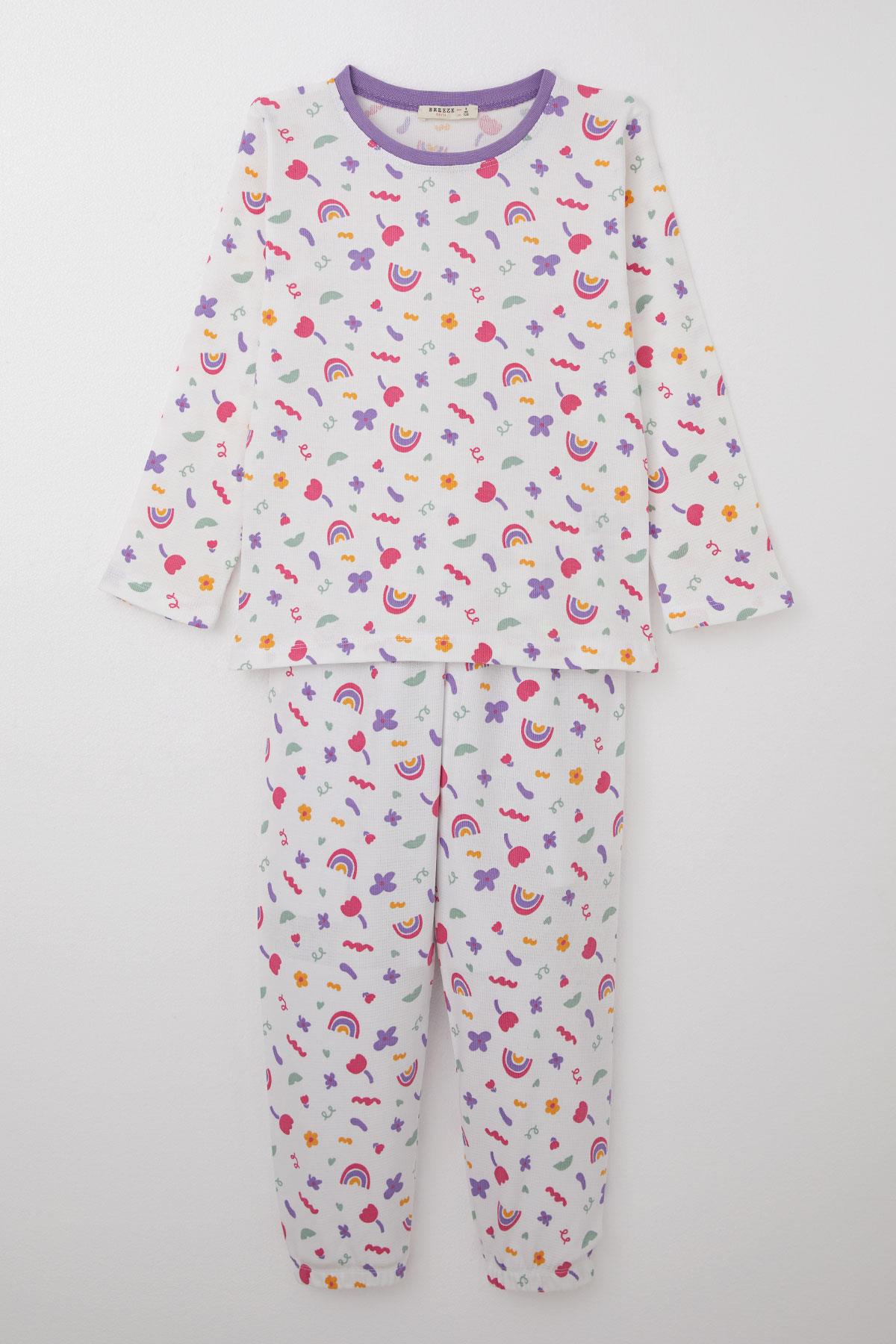 Breeze Kız Çocuk Pijama Takımı Baharın Renkleri Beyaz (4-8 Yaş)