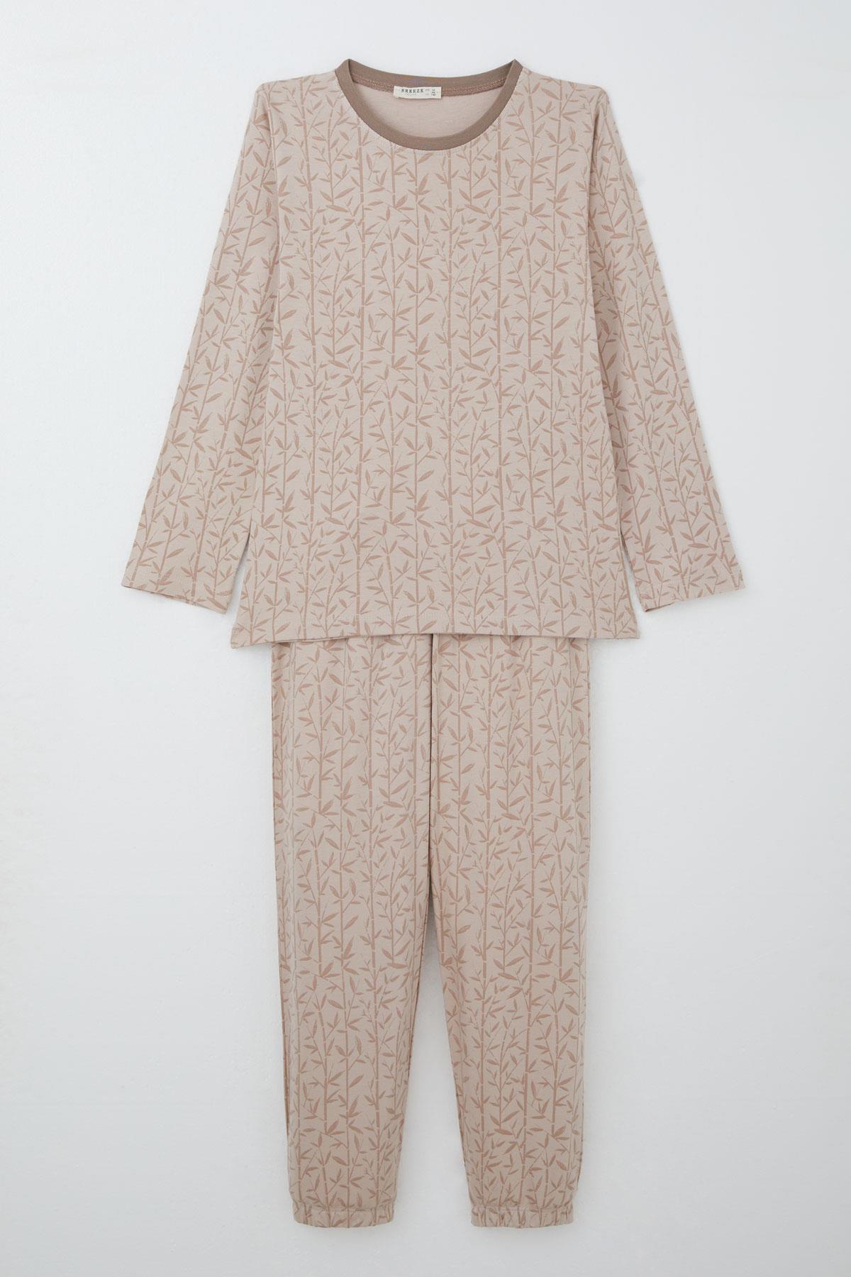 Breeze Kız Çocuk Pijama Takımı Bambu Çiçeği Desenli Bej (9-12 Yaş)