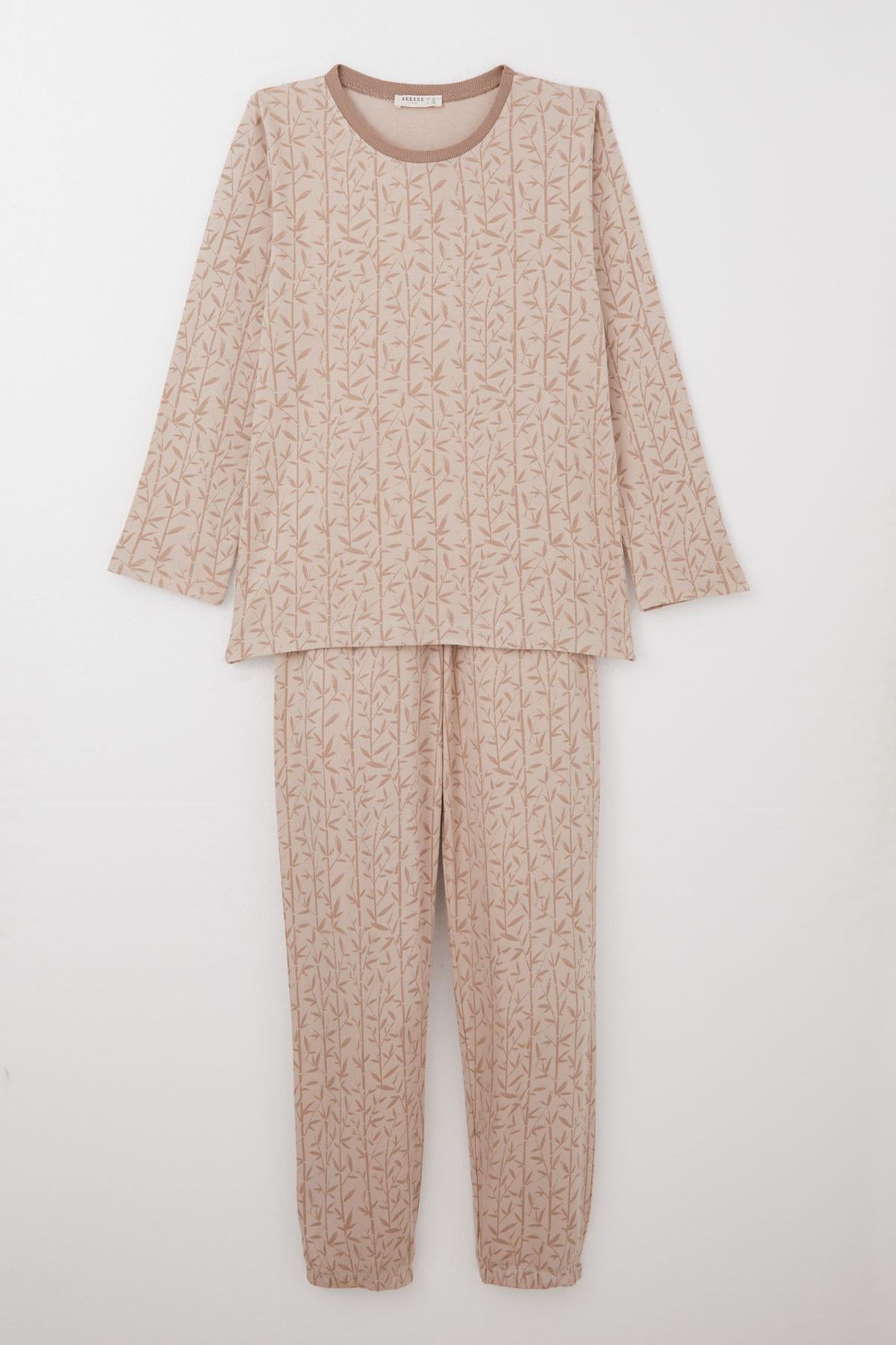 Breeze Kız Çocuk Pijama Takımı Bambu Çiçeği Desenli Bej (9-12 Yaş)