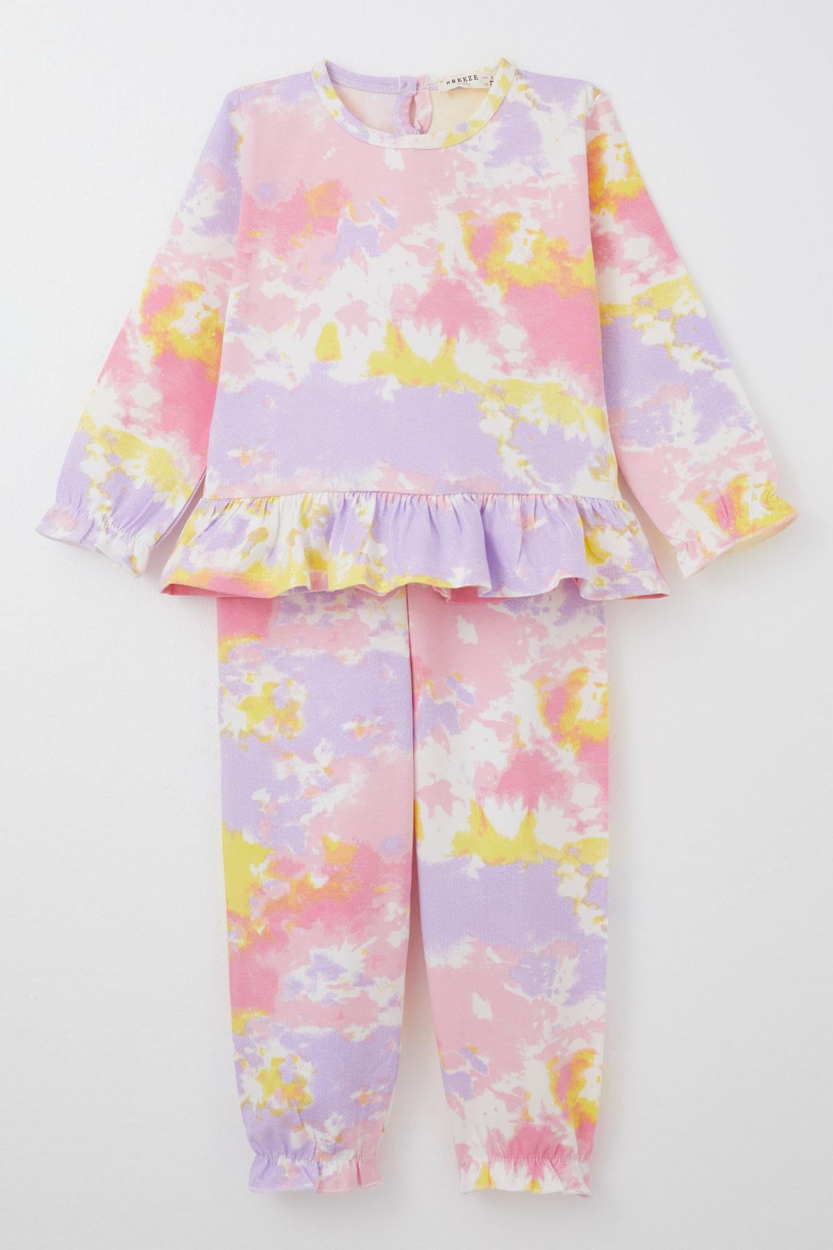 Breeze Kız Çocuk Pijama Takımı Batik Desenli Fırfırlı Karışık Renk (3-7 Yaş)