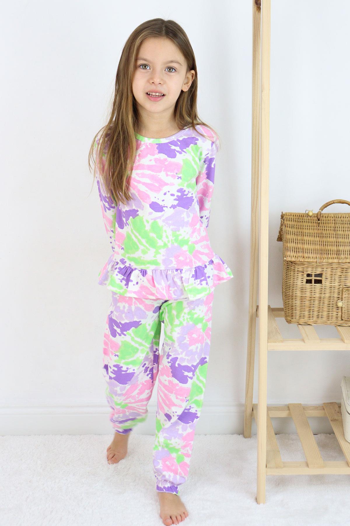 Breeze Kız Çocuk Pijama Takımı Batik Desenli Fırfırlı Karışık Renk (3-5 Yaş)
