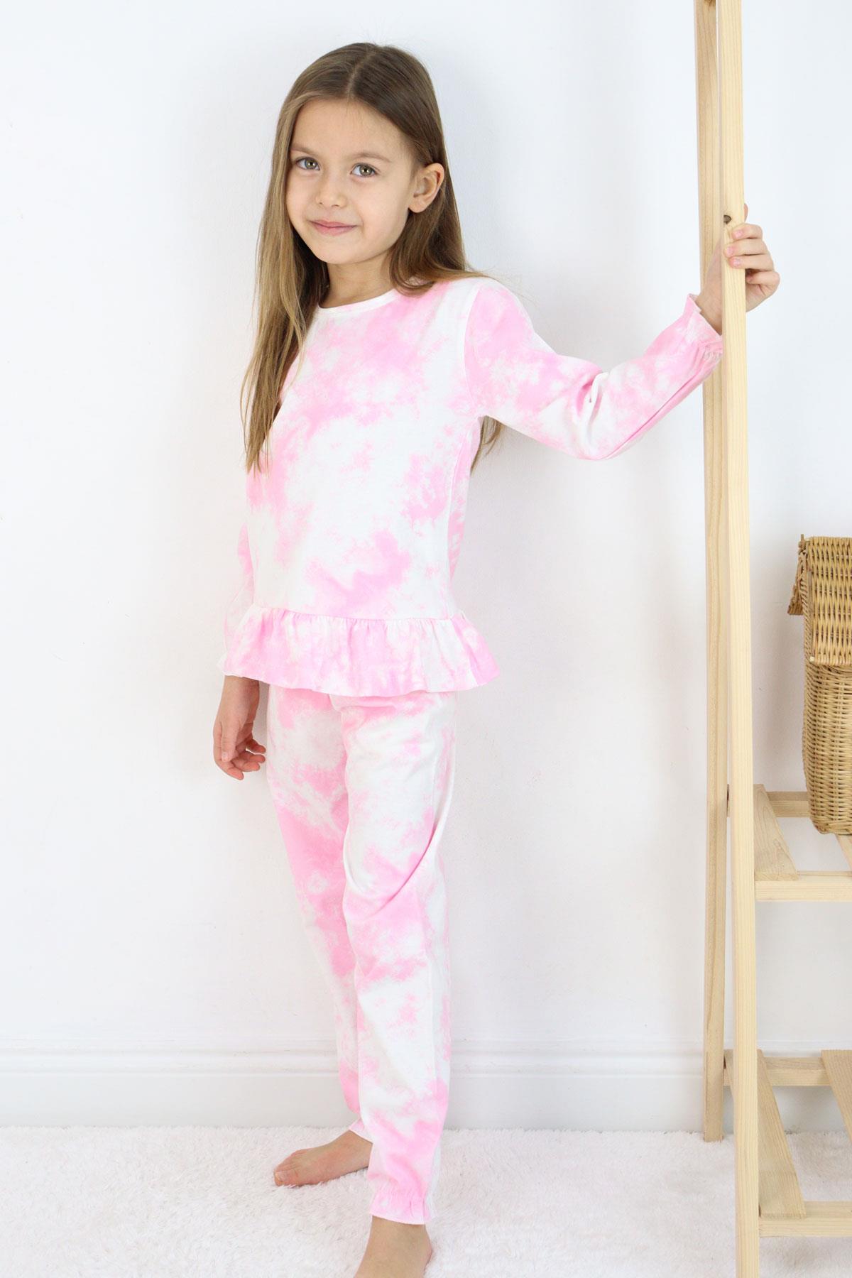 Breeze Kız Çocuk Pijama Takımı Batik Desenli Fırfırlı Pembe (3-7 Yaş)