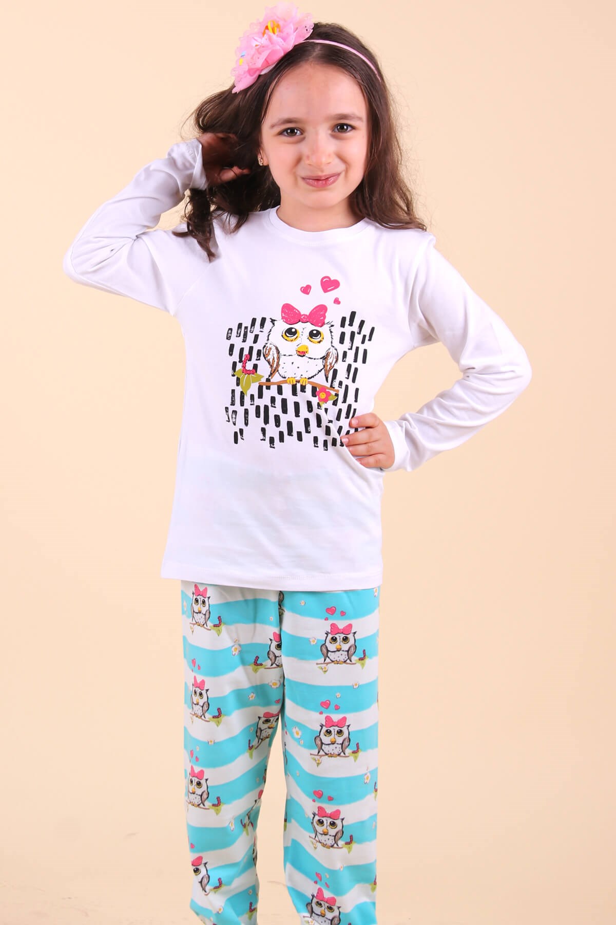 Kız Çocuk Pijama Takımı Baykuşlu Beyaz 4 Yaş - Breeze