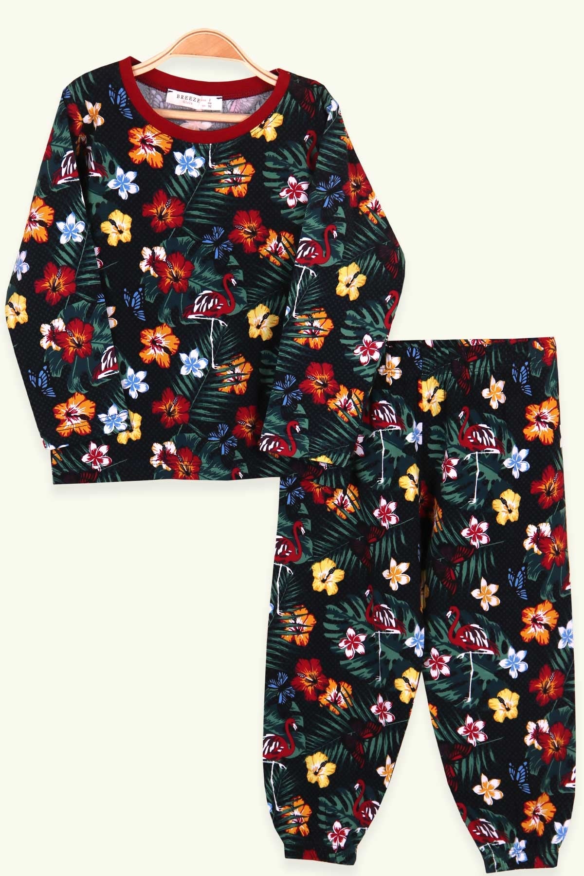 Breeze Kız Çocuk Pijama Takımı Begonya Desenli Koyu Yeşil (2-6 Yaş)