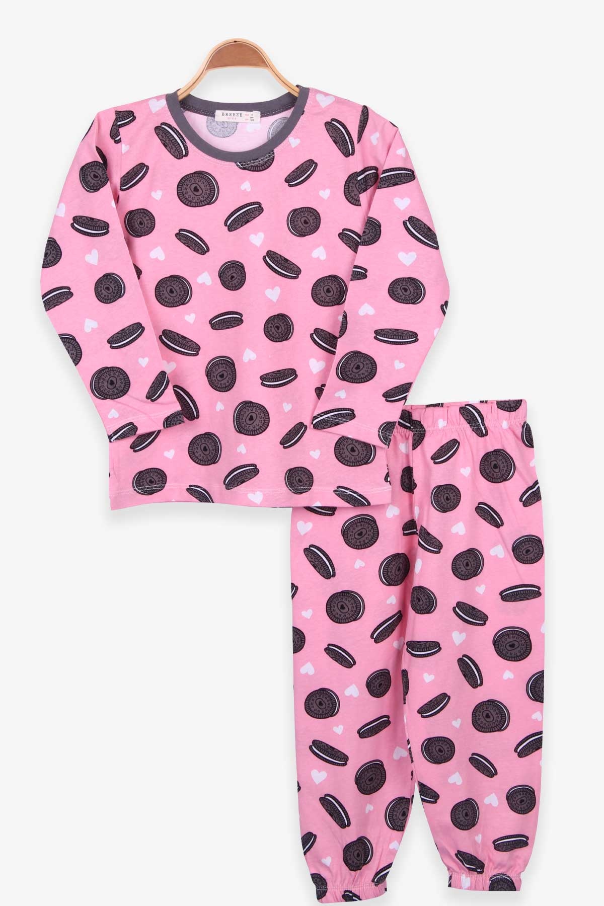 Breeze Kız Çocuk Pijama Takımı Bisküvi Desenli Pudra (4-8 Yaş)