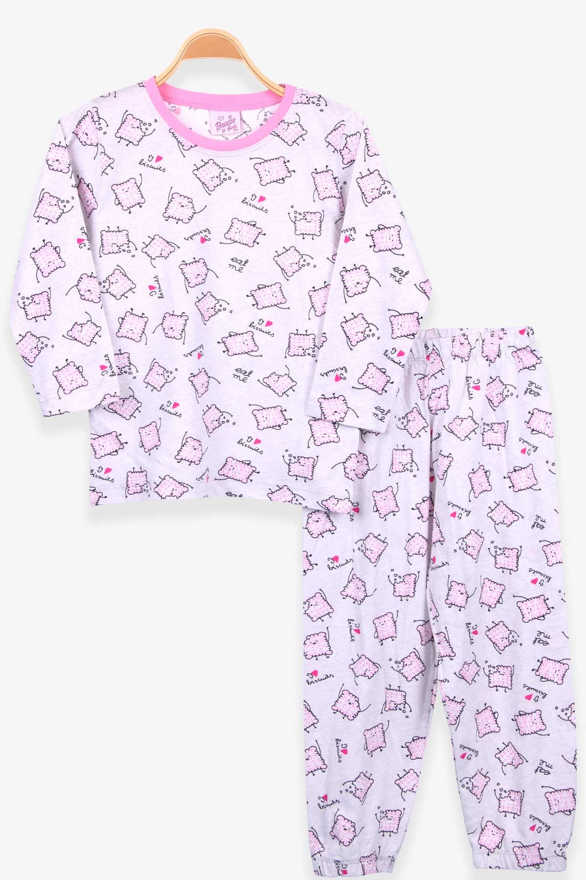 Breeze Kız Çocuk Pijama Takımı Bisküvi Desenli Açık Gri Melanj (4-8 Yaş)
