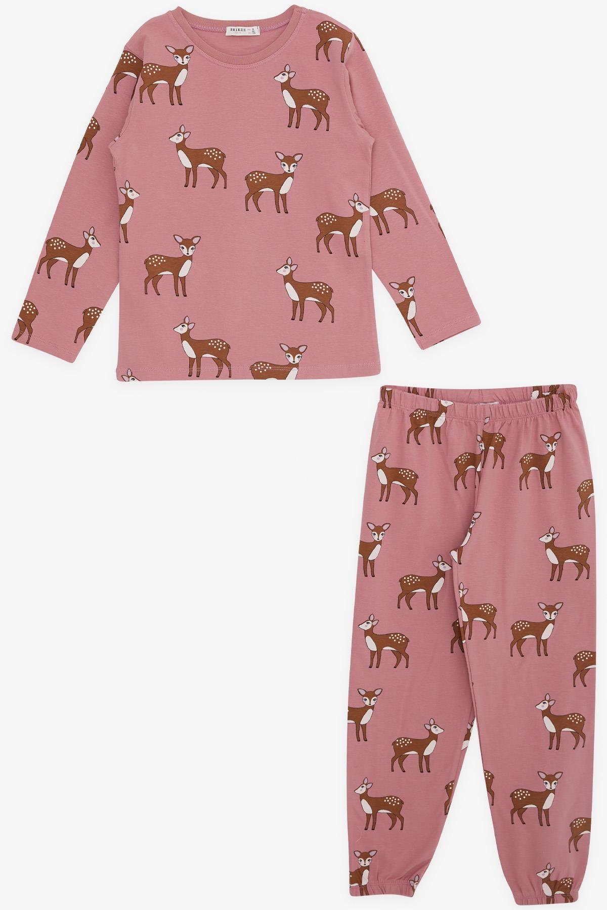 Breeze Kız Çocuk Pijama Takımı Ceylan Desenli Gülkurusu (4-8 Yaş)