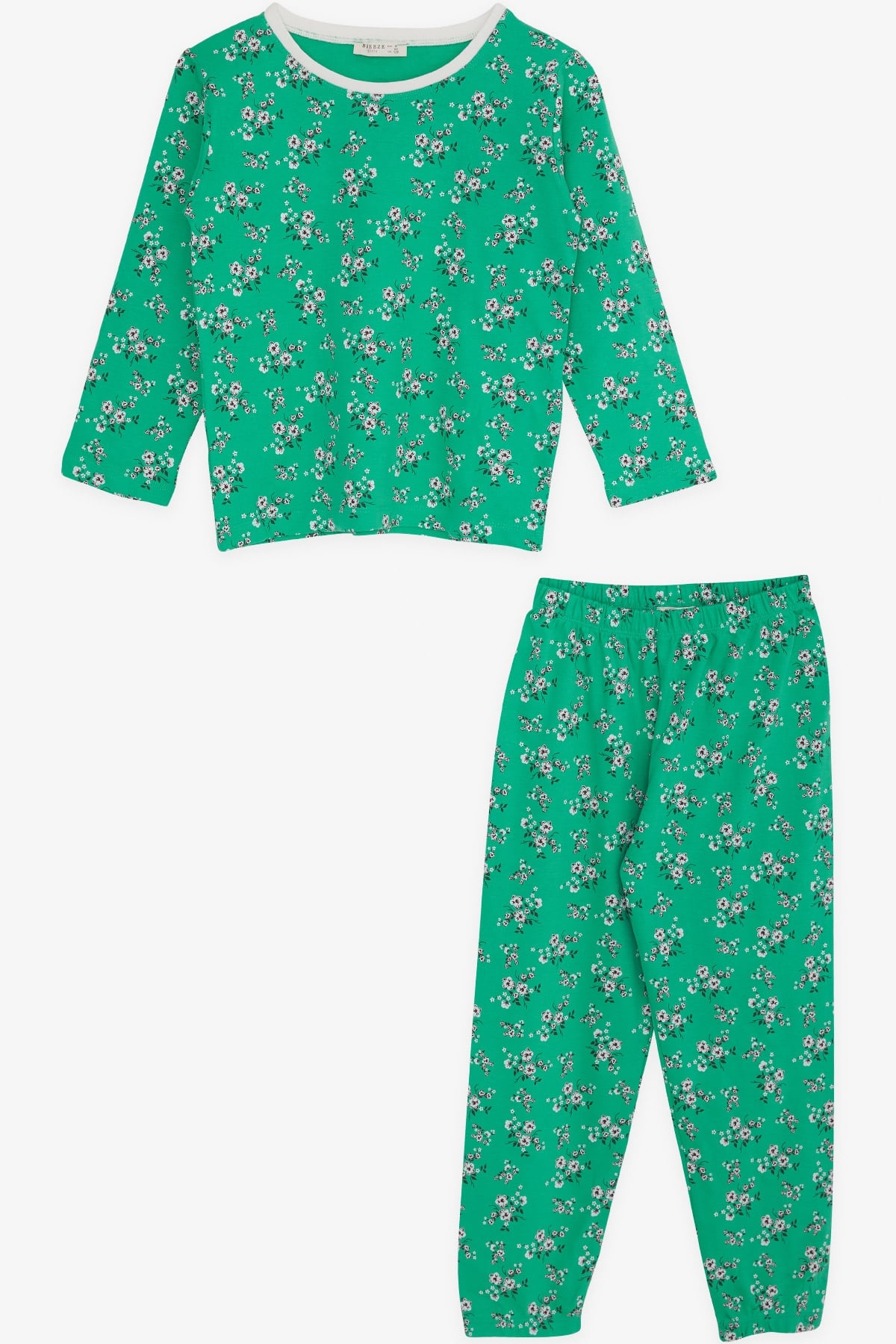 Breeze Kız Çocuk Pijama Takımı Çiçek Desenli Yeşil (4-8 Yaş)