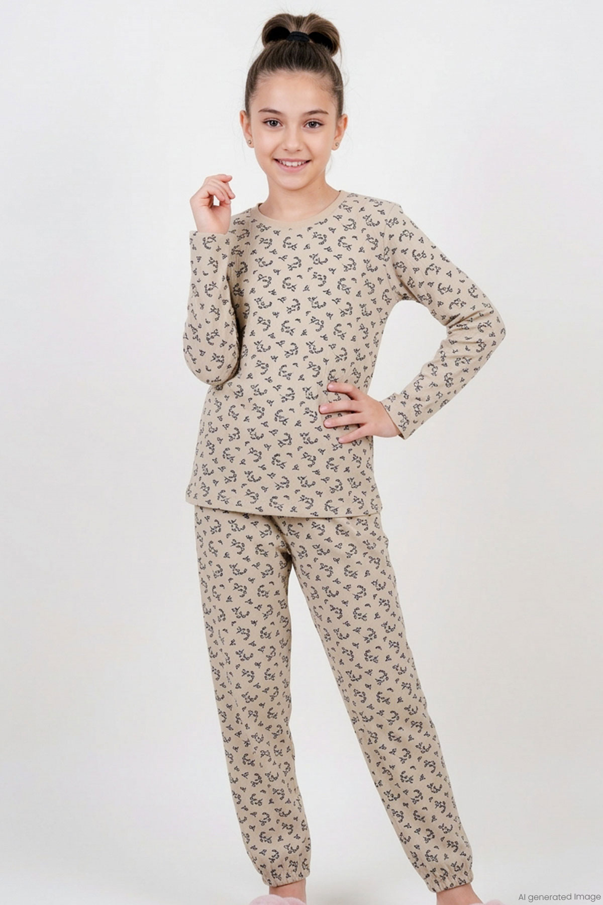 Breeze Kız Çocuk Pijama Takımı Çiçek Desenli Beli Paçası Lastikli Bej (9-12 Yaş)