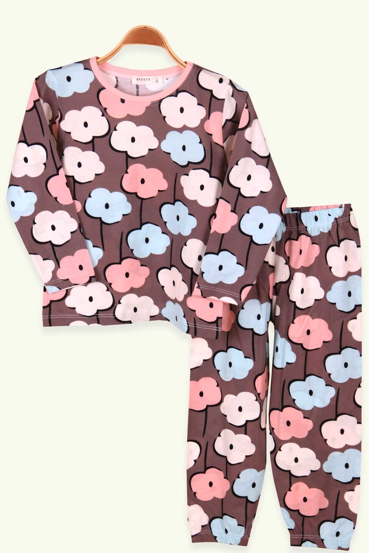 Breeze Kız Çocuk Pijama Takımı Çiçek Desenli Vizon (4-8 Yaş)