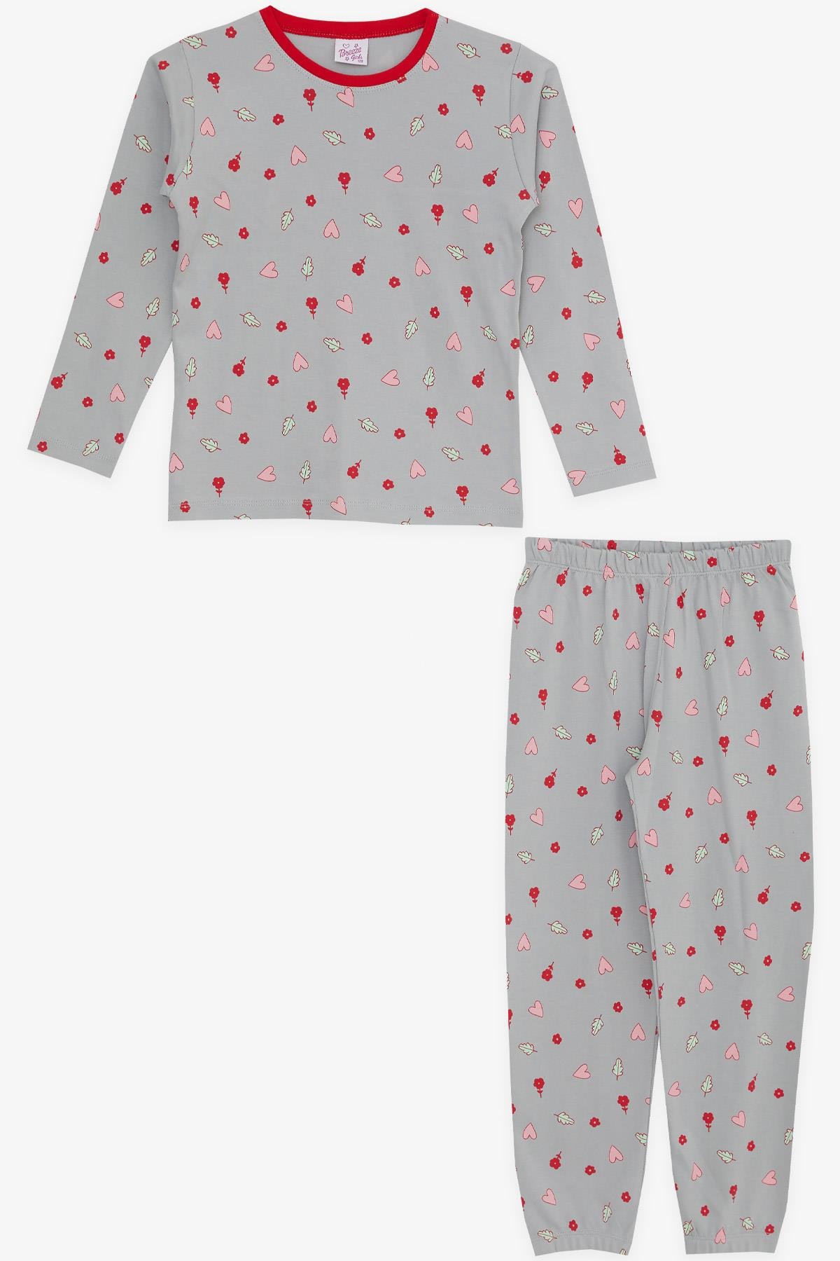 Breeze Kız Çocuk Pijama Takımı Çiçek Kalp Desenli Gri (4-8 Yaş)