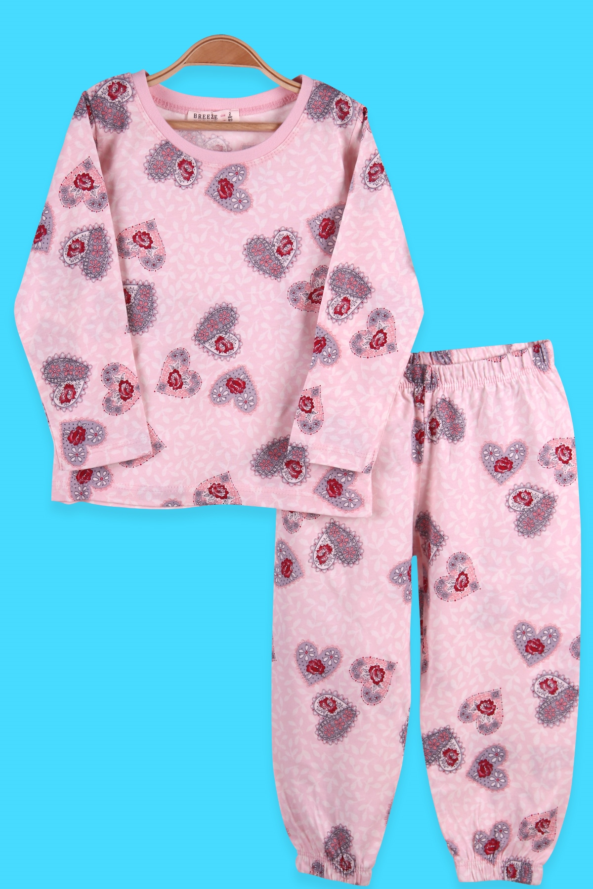 Breeze Kız Çocuk Pijama Takımı Çiçekli Kalp Desenli Pudra (2-6 Yaş)