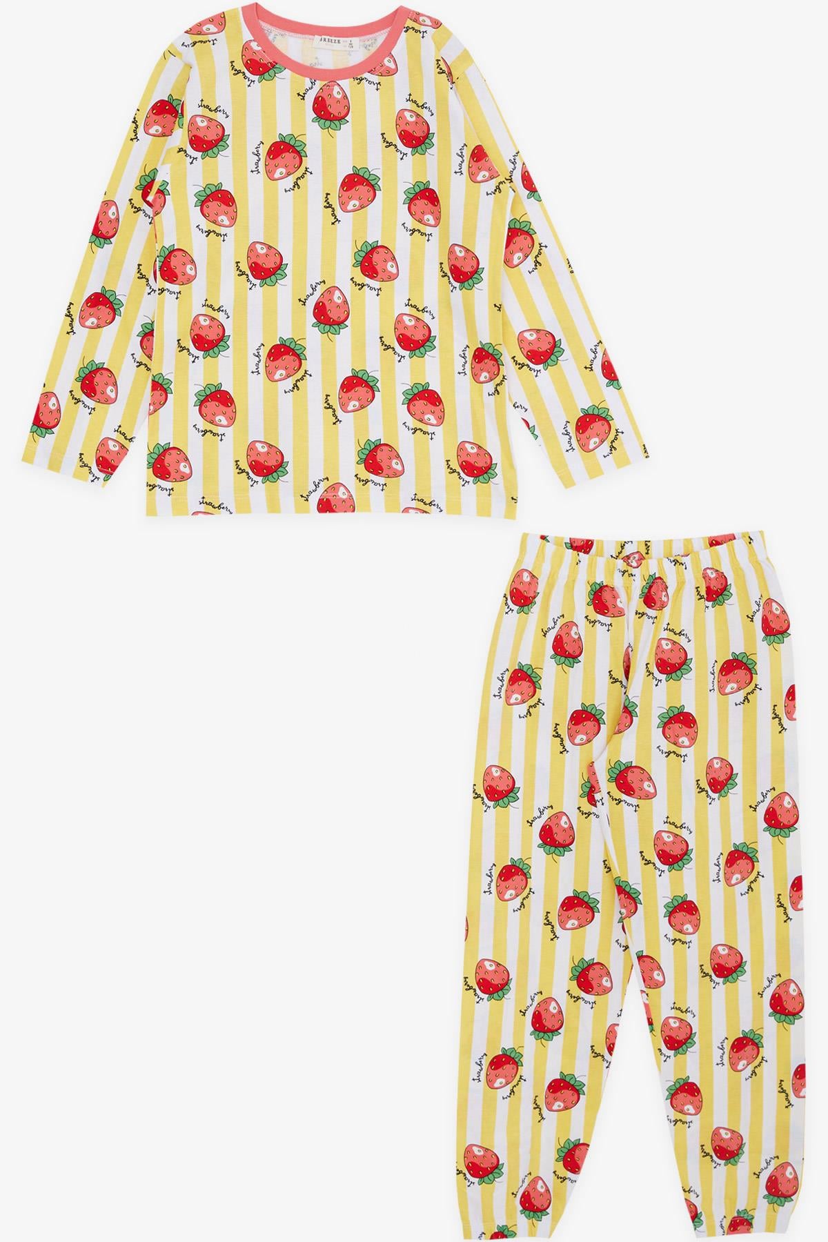 Breeze Kız Çocuk Pijama Takımı Çilek Desenli Sarı (4-8 Yaş)