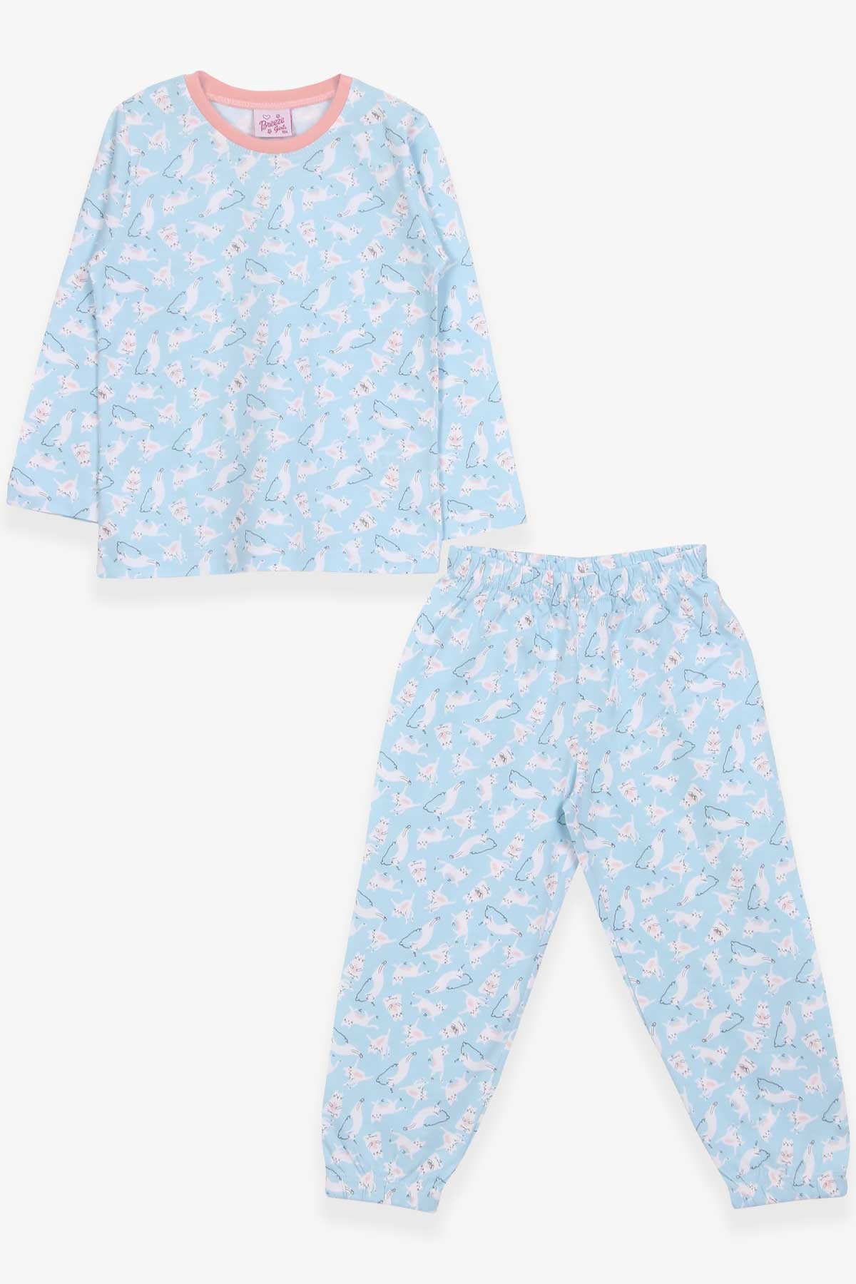 Breeze Kız Çocuk Pijama Takımı Çılgın Kedicik Desenli Bebe Mavisi (4-8 Yaş)