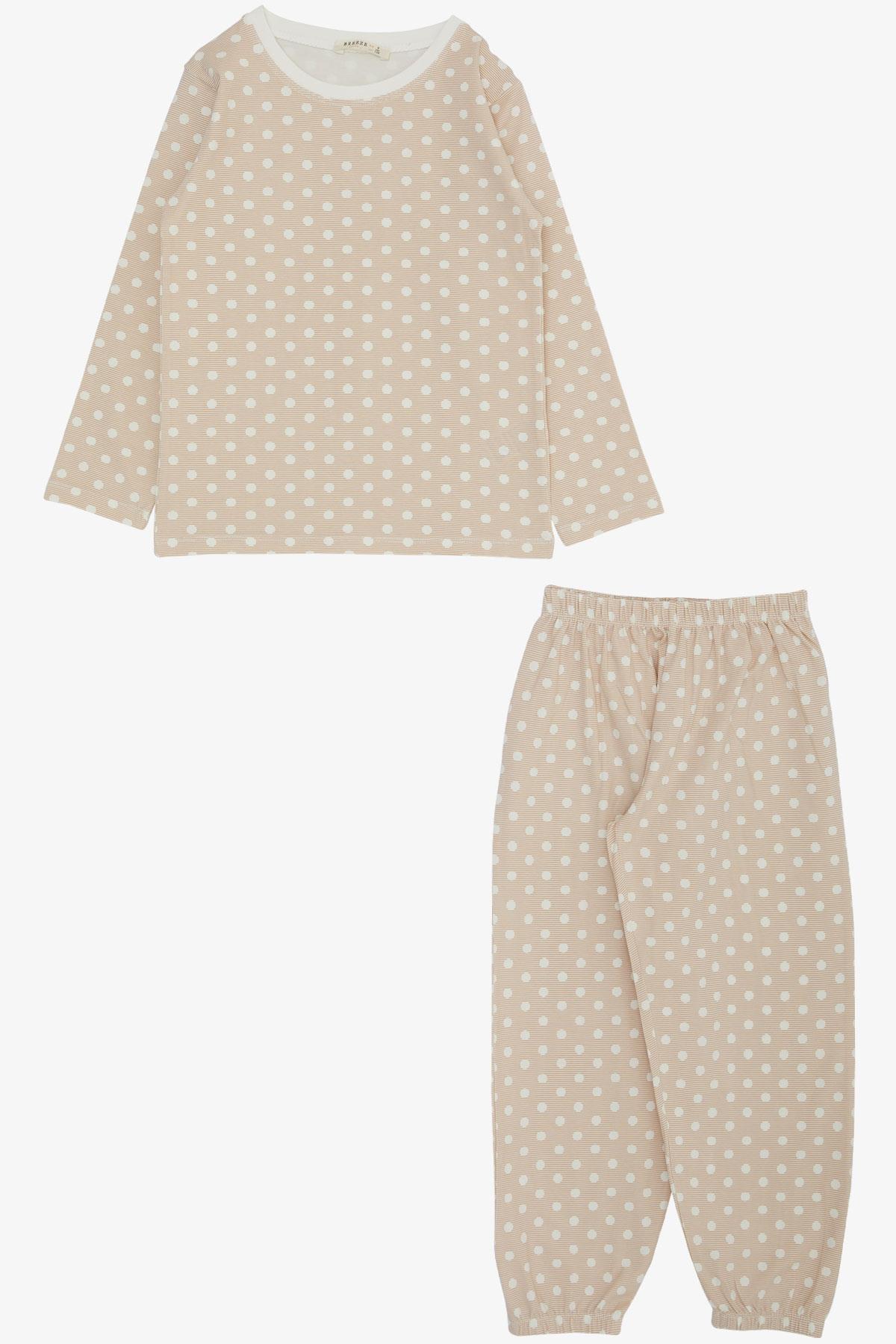 Breeze Kız Çocuk Pijama Takımı Çizgili Puantiye Desenli Bej (4-8 Yaş)