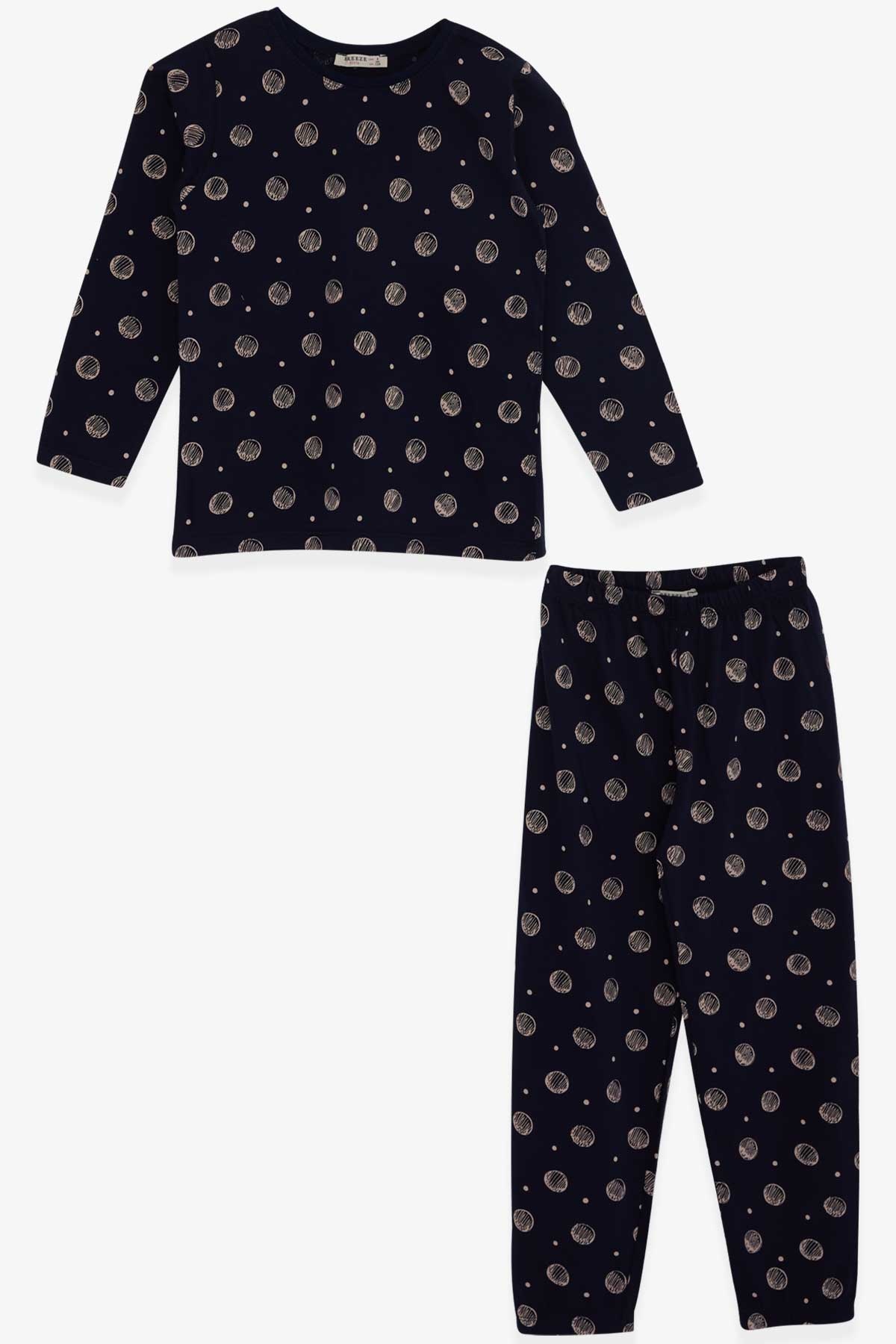 Breeze Kız Çocuk Pijama Takımı Daire Desenli Lacivert (4-8 Yaş)
