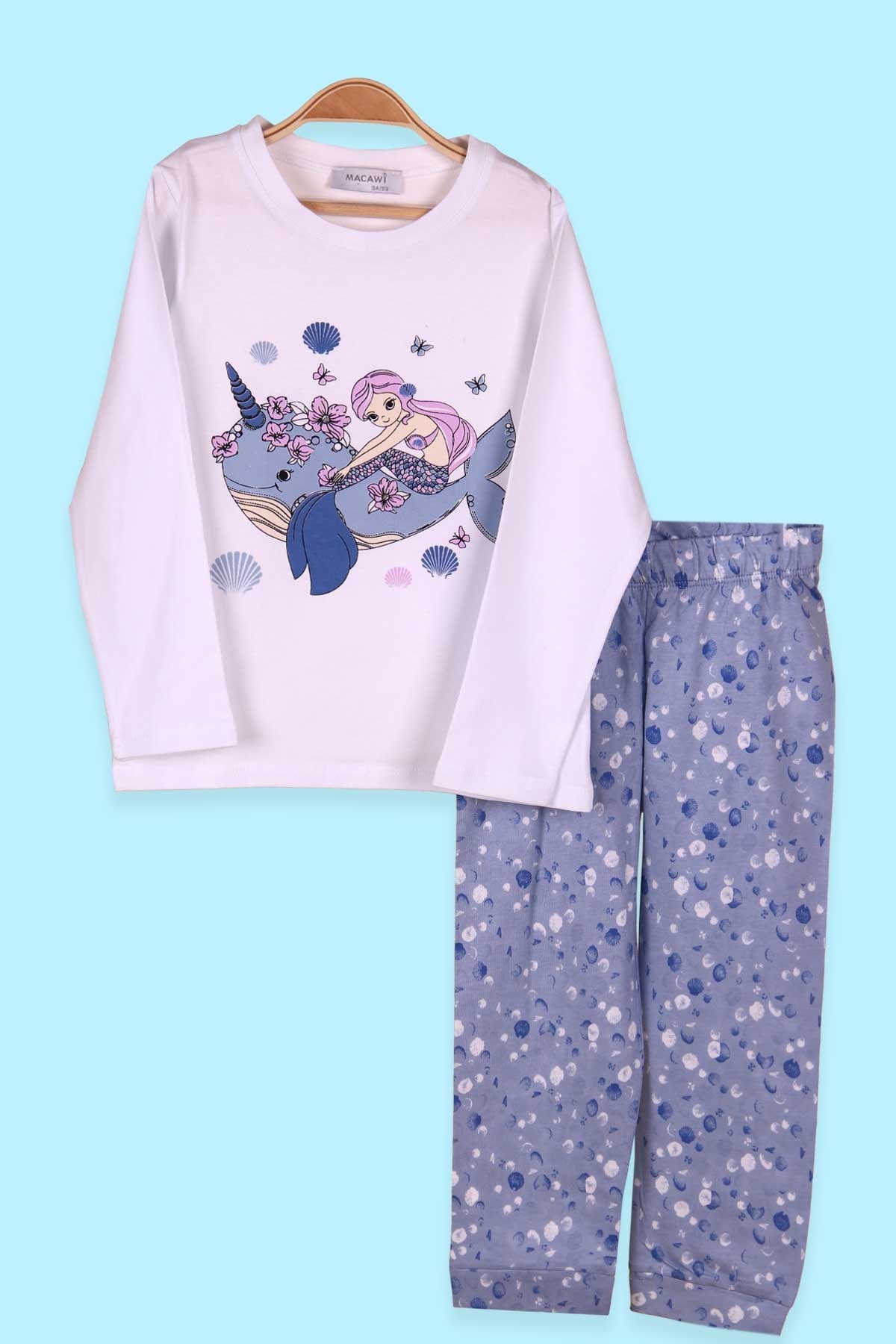 Breeze Kız Çocuk Pijama Takımı Denizkızı Desenli Beyaz (3-7 Yaş)