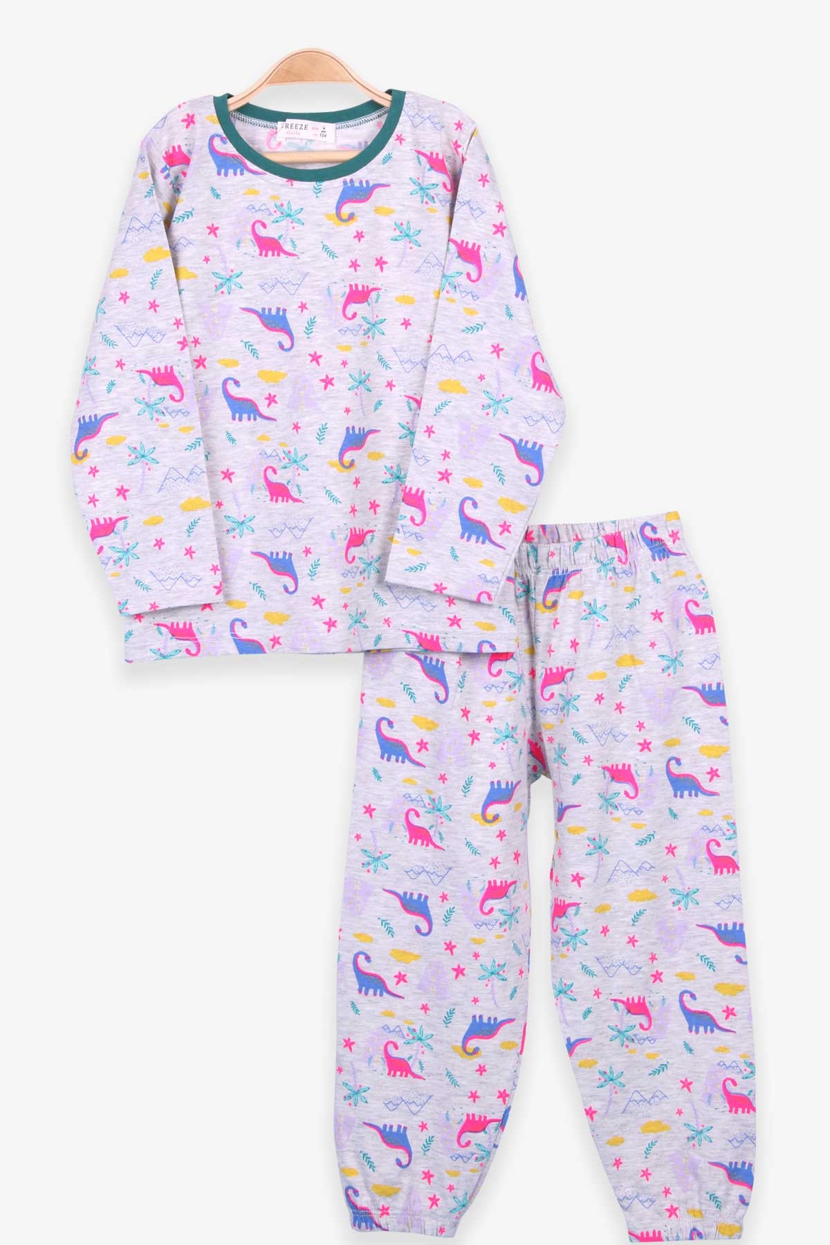 Breeze Kız Çocuk Pijama Takımı Dinozorlu Açık Gri Melanj (4-8 Yaş)