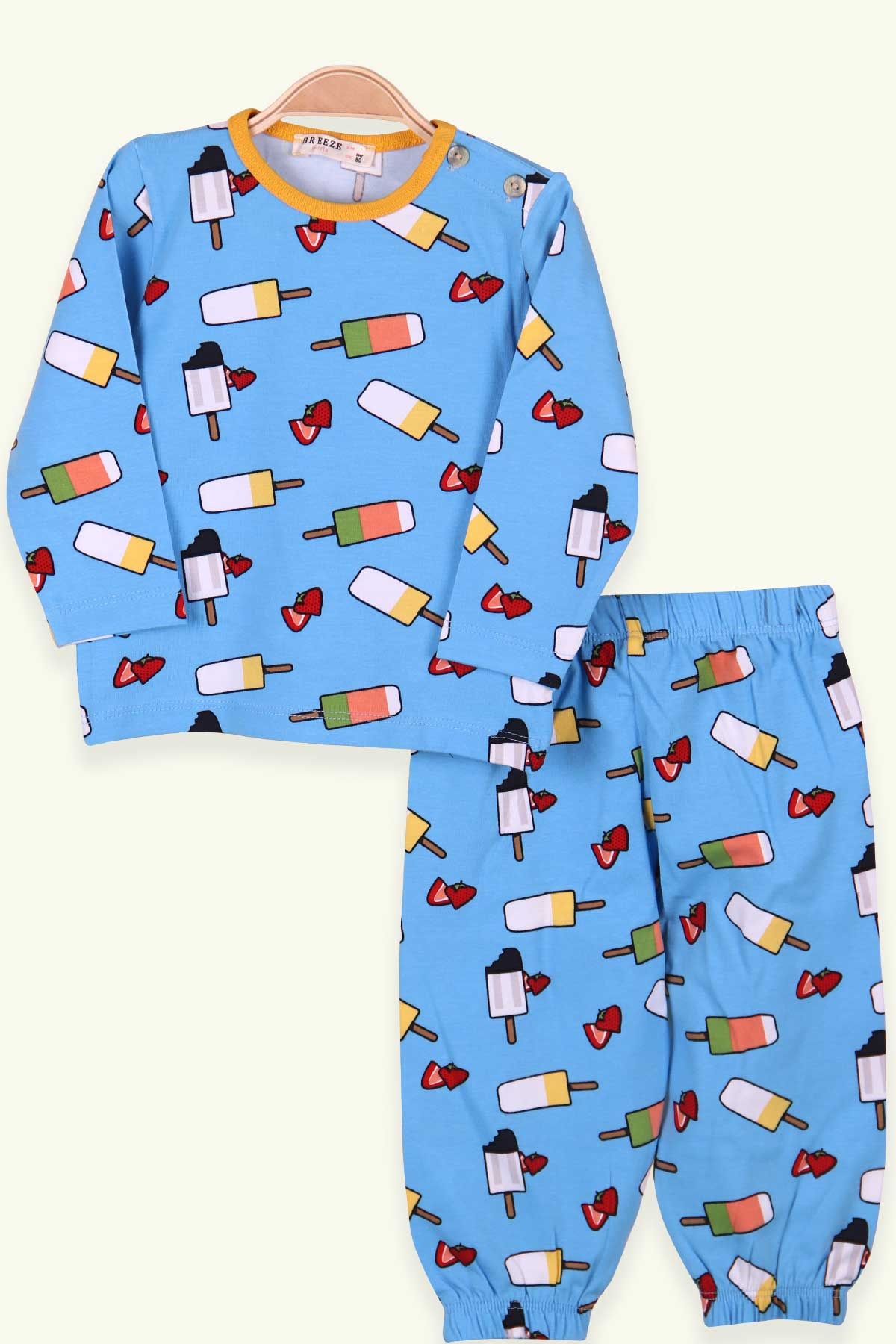 Breeze Kız Çocuk Pijama Takımı Dondurma Çilek Desenli Buz Mavisi (1-4 Yaş)