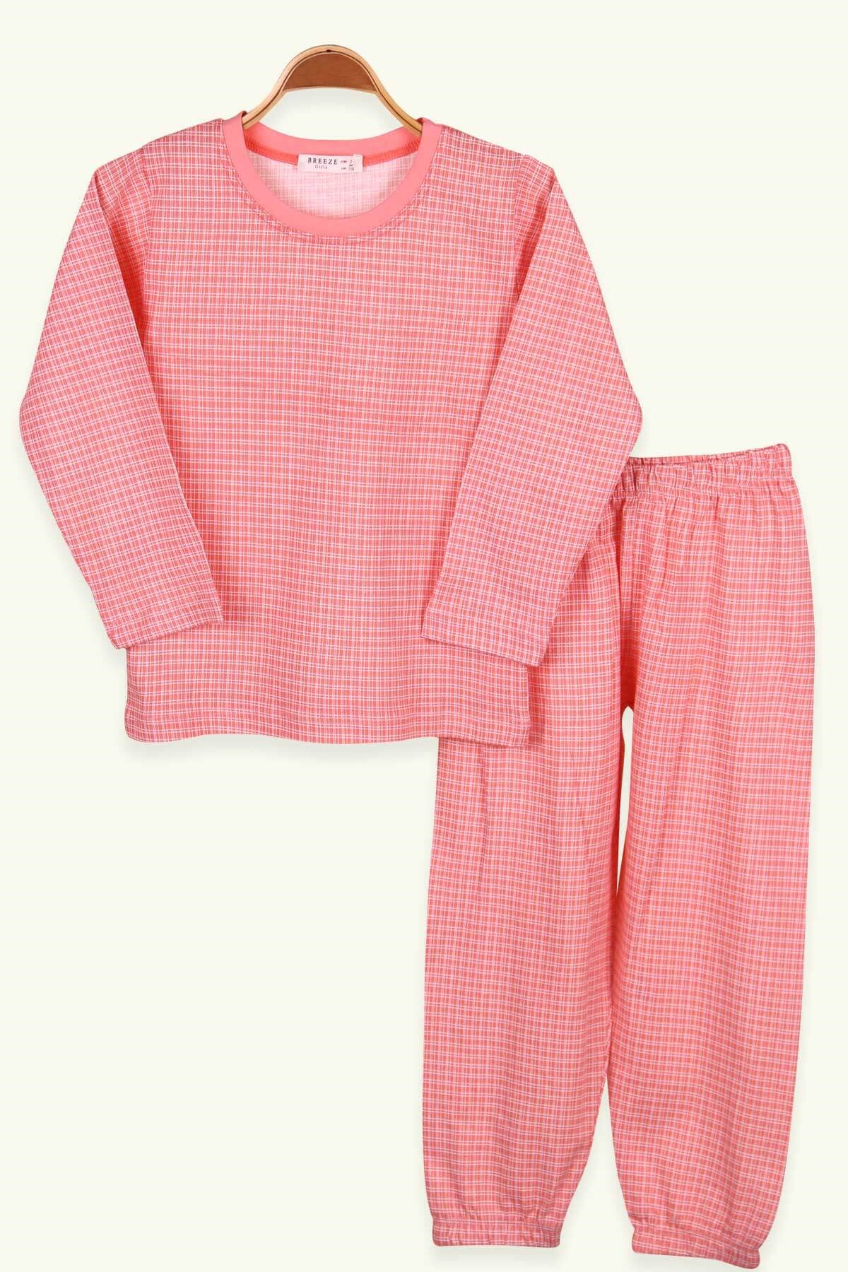Breeze Kız Çocuk Pijama Takımı Ekoseli Somon (4-8 Yaş)