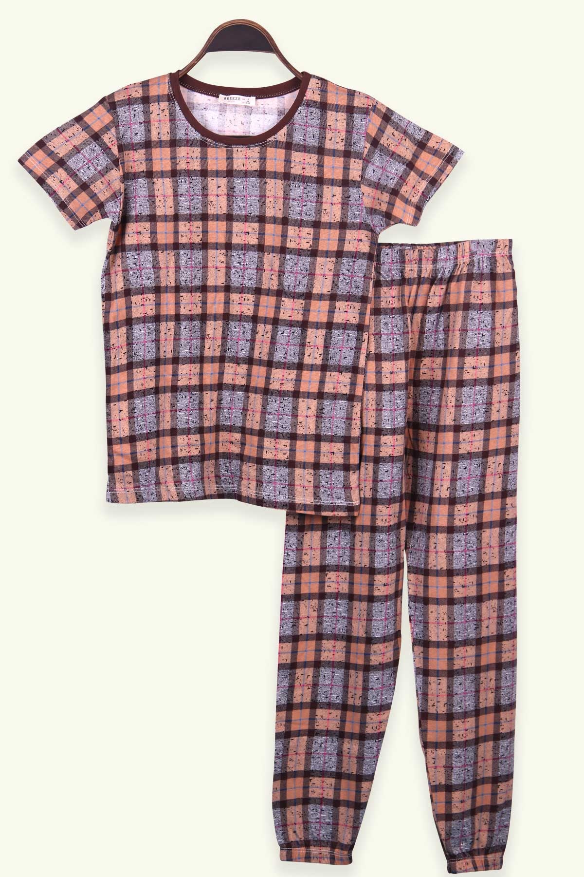 Breeze Kız Çocuk Pijama Takımı Ekoseli Kahverengi (9-14 Yaş)