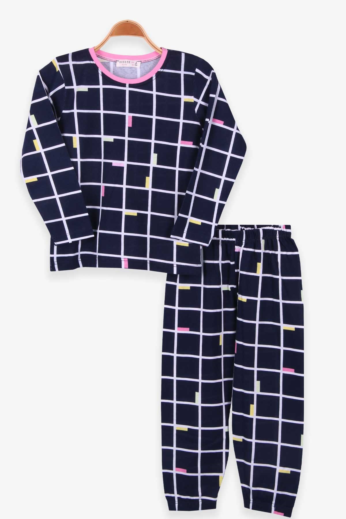 Breeze Kız Çocuk Pijama Takımı Ekoseli Lacivert (4-8 Yaş)