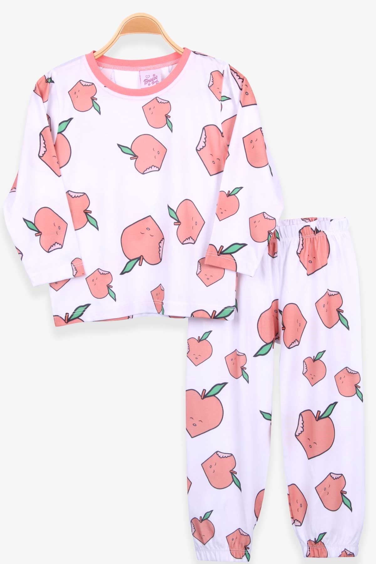 Breeze Kız Çocuk Pijama Takımı Elma Desenli Beyaz (4-8 Yaş)