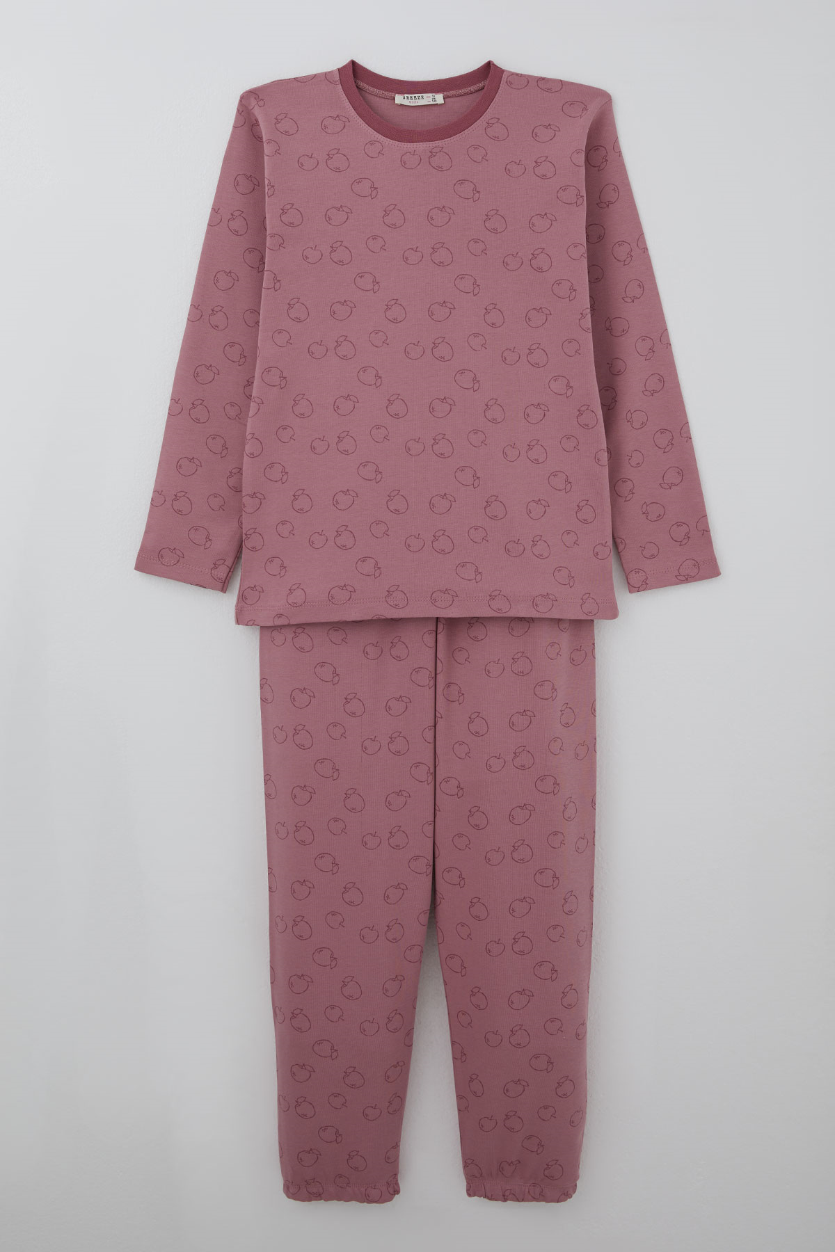 Breeze Kız Çocuk Pijama Takımı Elma Desenli Beli Paçası Lastikli Gülkurusu (9-12 Yaş)